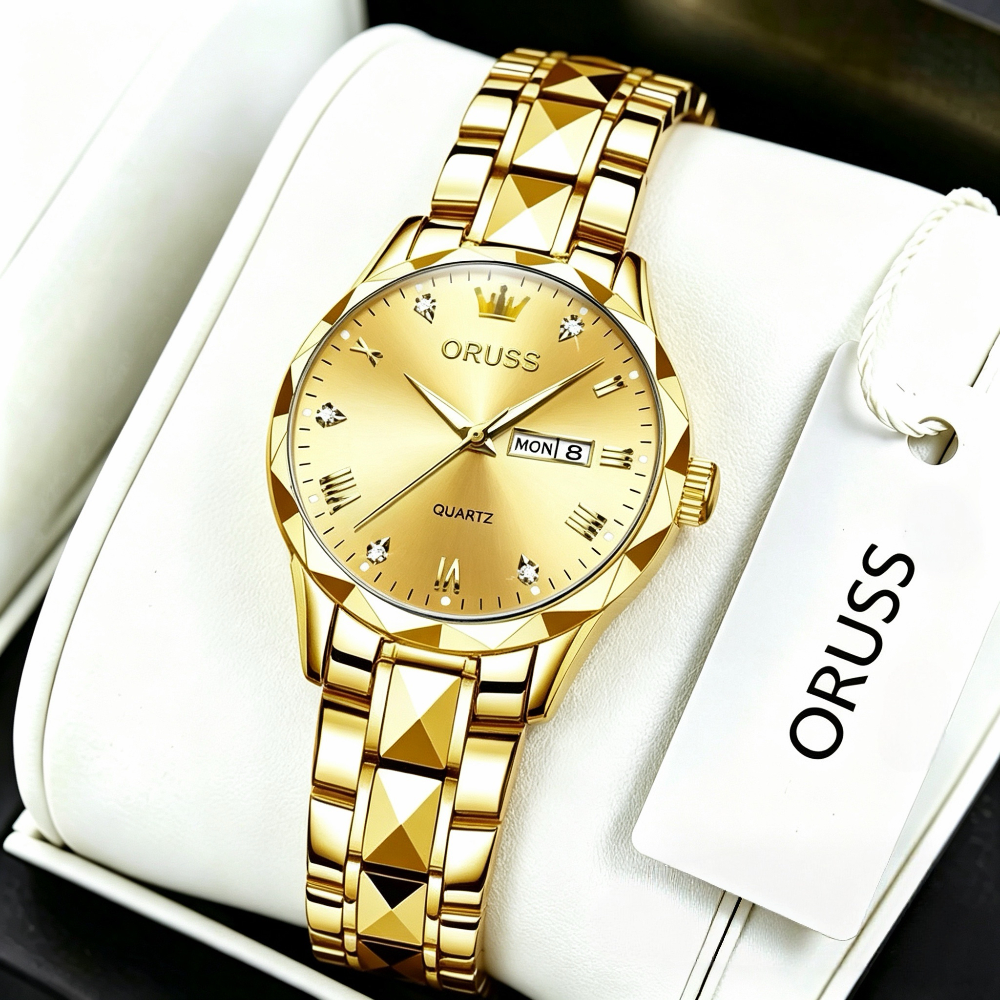 ORUSS Women's Watch Creative Diamond Inlaid Dial Unique Pyramid Cut Gold Plated Bracelet Waterproof Dual Calendar Quartz Watch Unisex Daily Wear Business Holiday Gift