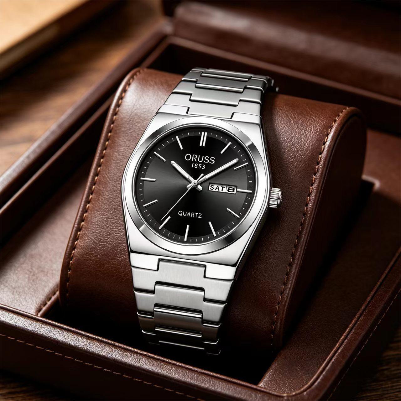 ORUSS 1853 Men's Watch Minimalist Tonneau Style Quartz Watch Brushed Stainless Steel Bracelet Black Blue Sunburst Dial Dual Calendar For Casual Business Wear