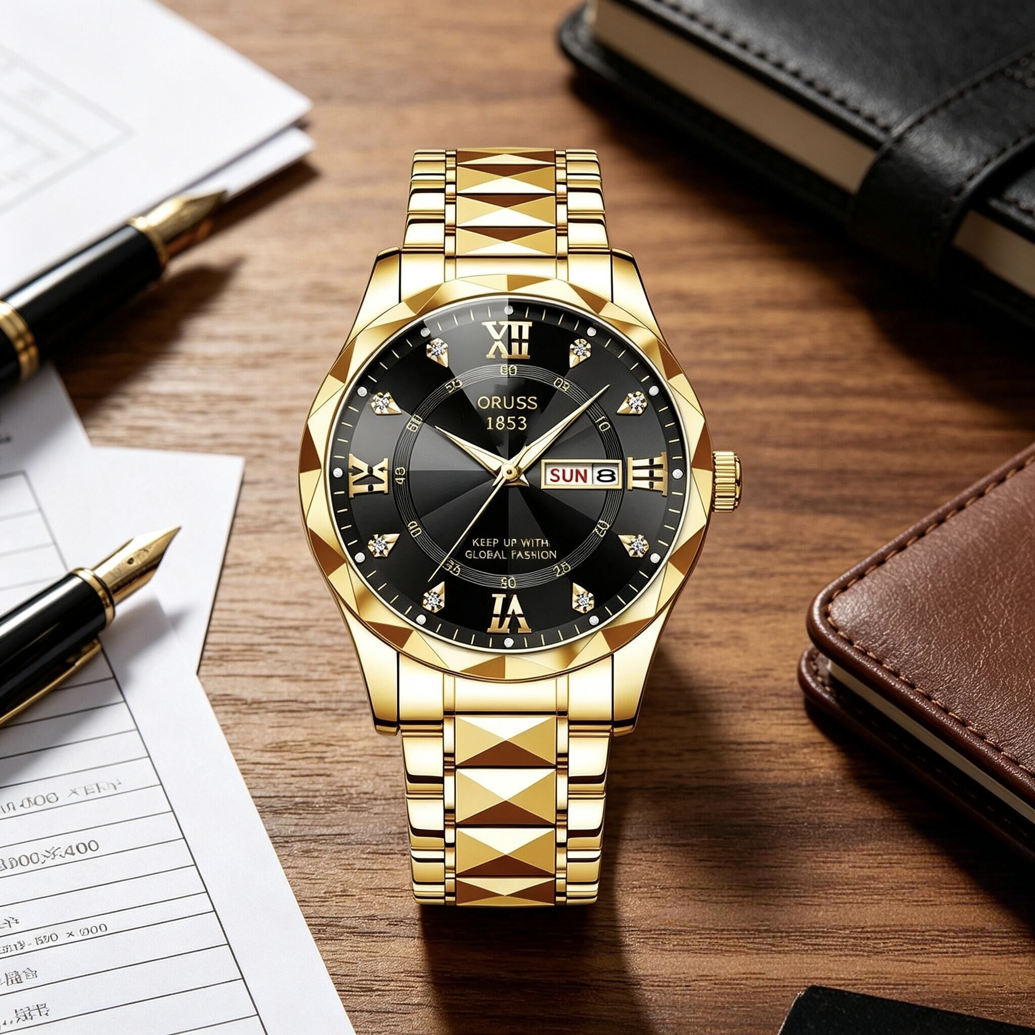 ORUSS 1853 Men's Watch Luxury Rhombus Pointed Crystal Glass Quartz Watch Stainless Steel Bracelet Black Dial Diamond Roman Numeral Day Date For Formal Daily Wear Office Anniversary Birthday