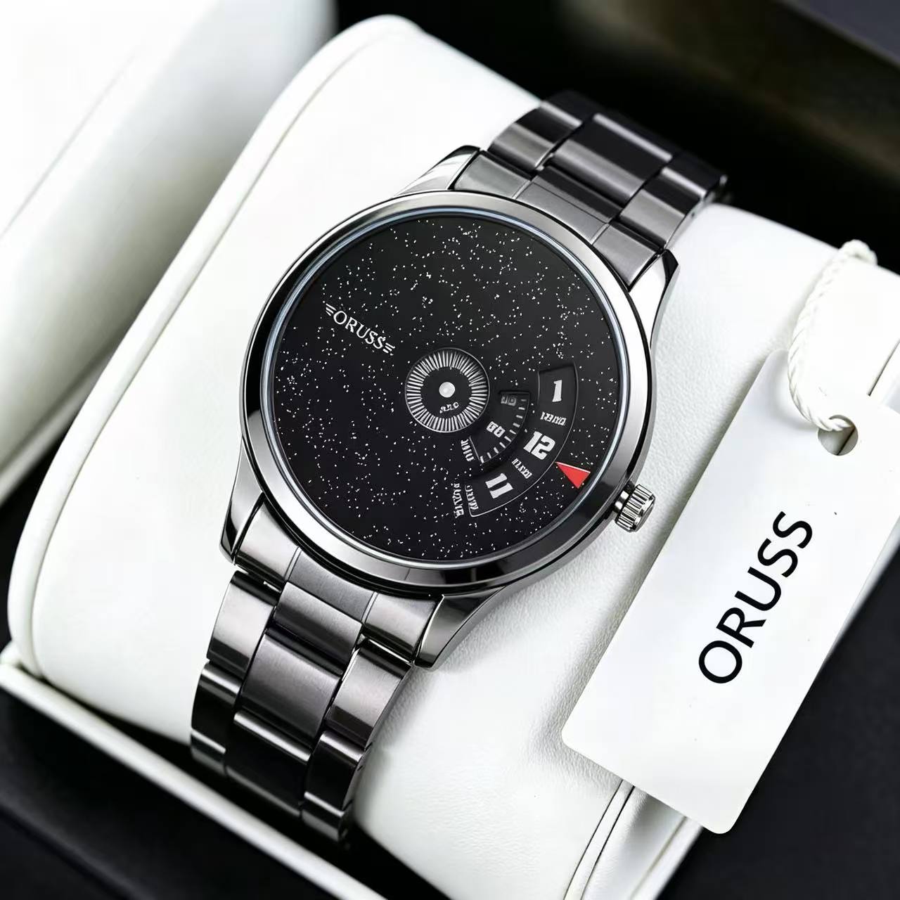 ORUSS 1853 Men's Watch Starry Sky Black Dial New Concept Cool Trendy Fashion Stylish Novelty Stainless Steel Waterproof Unique Rotating Display For Daily Wear Street Style Casual Hangouts