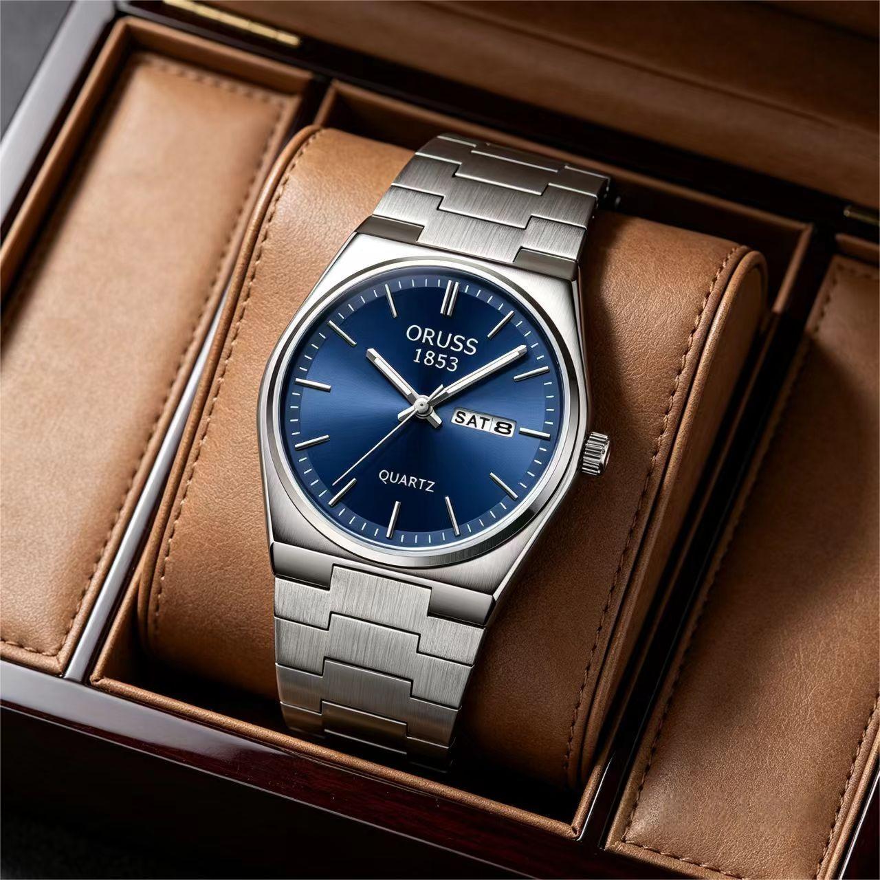 ORUSS 1853 Men's Watch Minimalist Tonneau Style Quartz Watch Brushed Stainless Steel Bracelet Black Blue Sunburst Dial Dual Calendar For Casual Business Wear