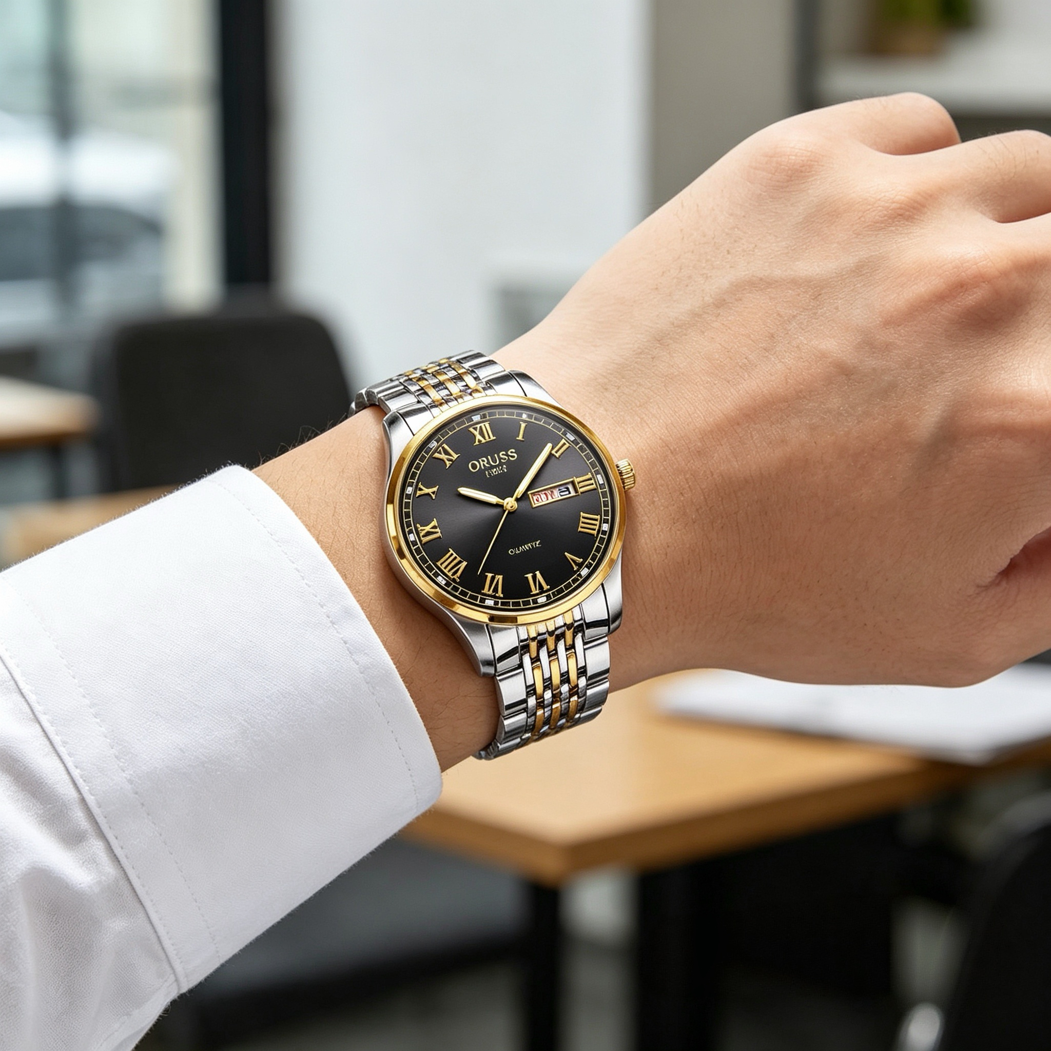 ORUSS 1853 Mens Classic Business Quartz Watch Two Tone Gold Silver Stainless Steel Bracelet Black Roman Numeral Dial Day Date 1853 Logo Formal Daily Wear Wedding Anniversary Birthday Gift