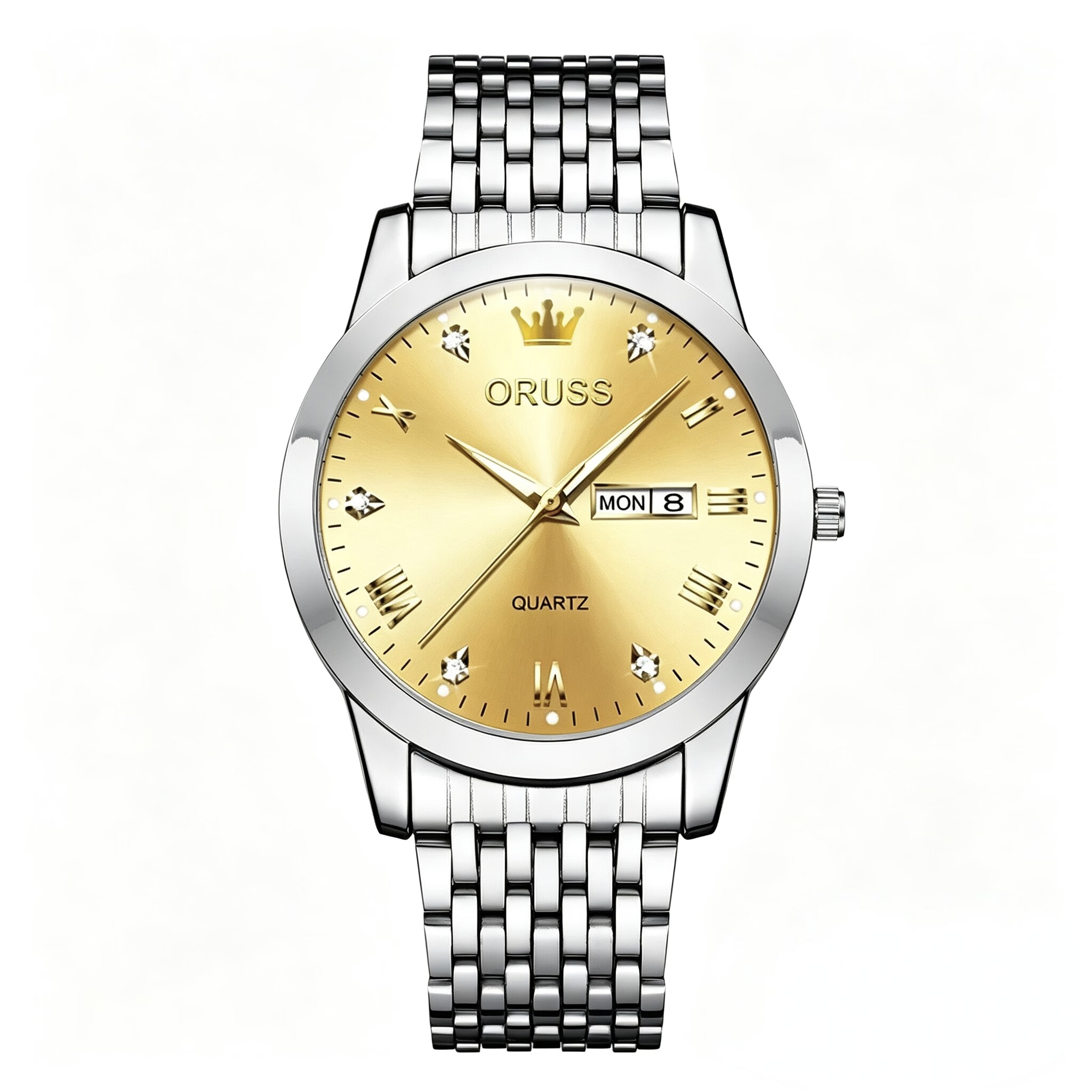 ORUSS Men's Watch Luxury Quartz Watch Silver Stainless Steel Bracelet Gold Dial Crystal Accent Crown Logo Day Date Casual Formal Daily Wear Office Wedding Anniversary Birthday Gift