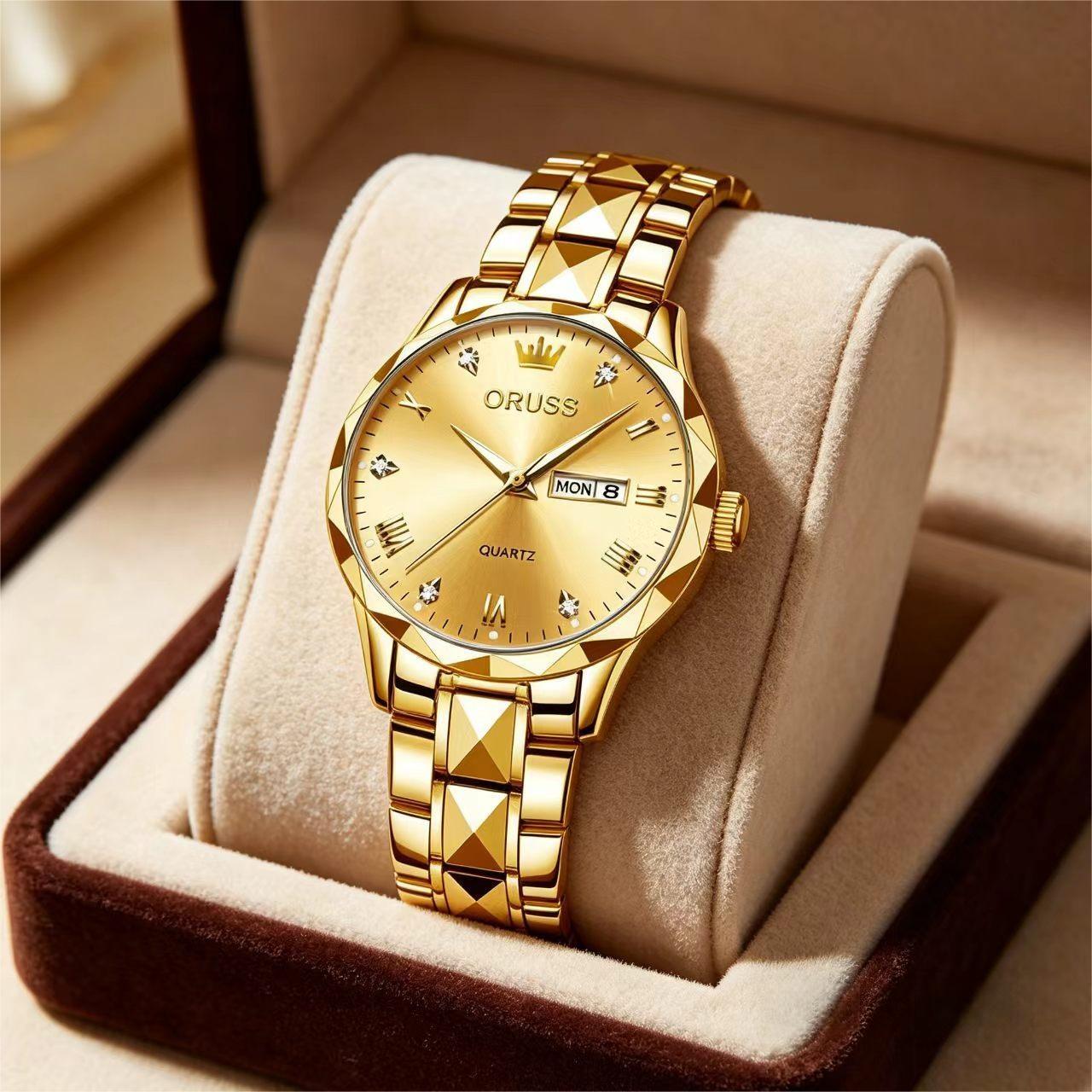 ORUSS Women's Watch Creative Diamond Inlaid Dial Unique Pyramid Cut Gold Plated Bracelet Waterproof Dual Calendar Quartz Watch Unisex Daily Wear Business Holiday Gift