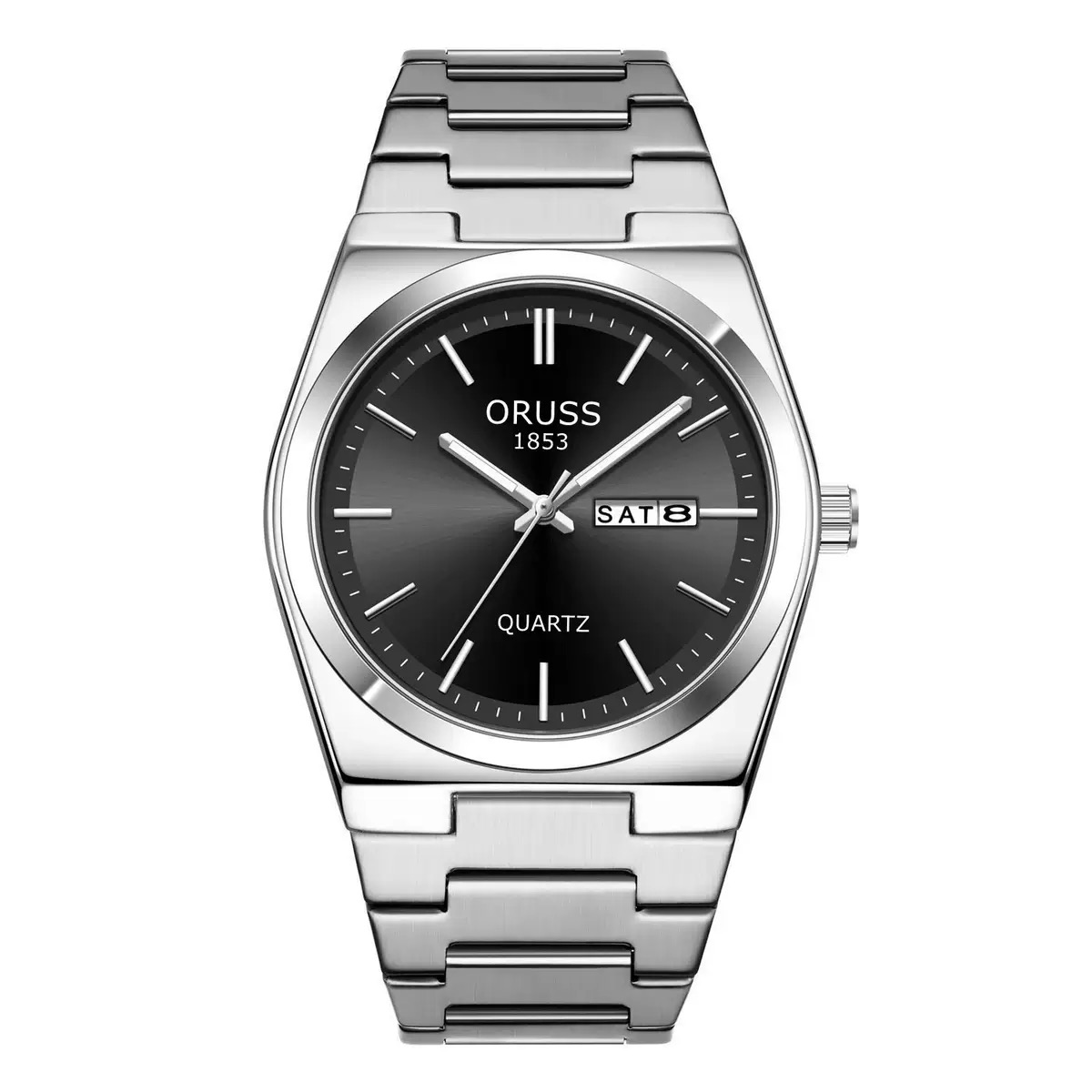 ORUSS 1853 Men's Watch Minimalist Tonneau Style Quartz Watch Brushed Stainless Steel Bracelet Black Blue Sunburst Dial Dual Calendar For Casual Business Wear