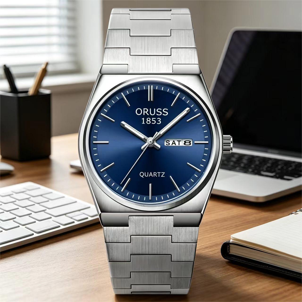 ORUSS 1853 Men's Watch Minimalist Tonneau Style Quartz Watch Brushed Stainless Steel Bracelet Black Blue Sunburst Dial Dual Calendar For Casual Business Wear