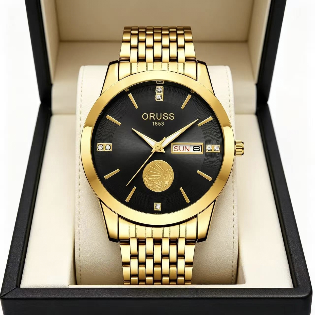 ORUSS 1853 Men's Watch Luxury Gold Plated Quartz Watch Stainless Steel Bracelet White Black Dial Diamond Accent Sailboat Motif Day Date Formal Daily Wear Office Anniversary Birthday Gift