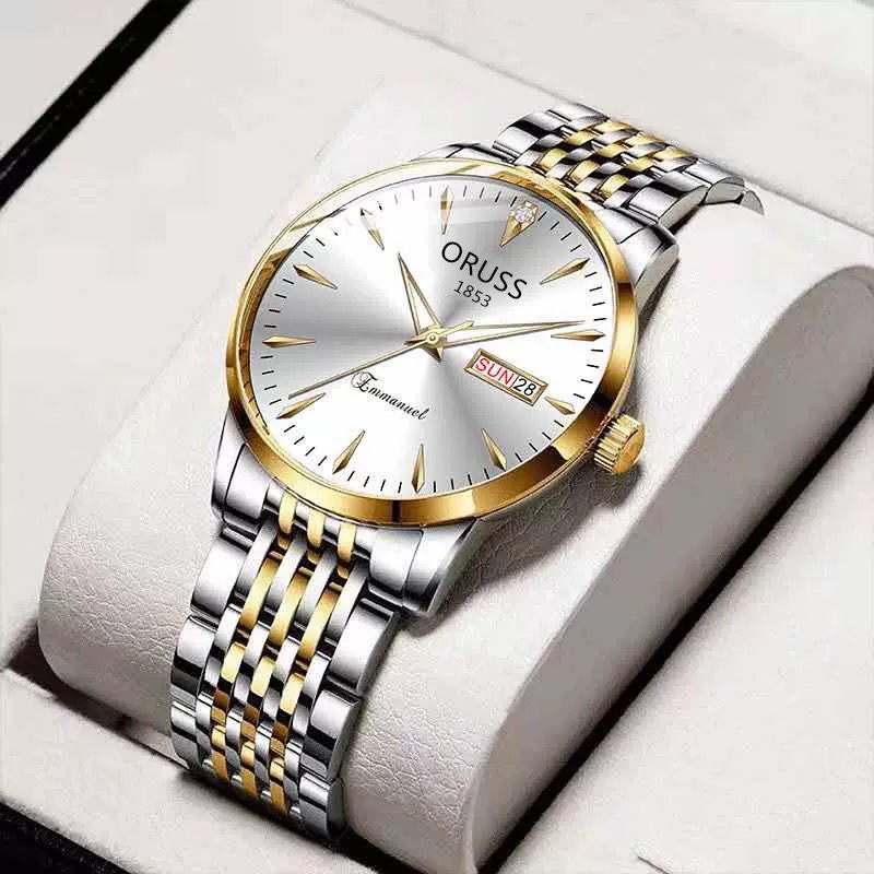 ORUSS 1853 Men's Watch Classic Business Quartz Two Tone Gold Silver Stainless Steel Bracelet White Dial Day Date Diamond Accent Formal Daily Wear Office Anniversary Birthday Gift