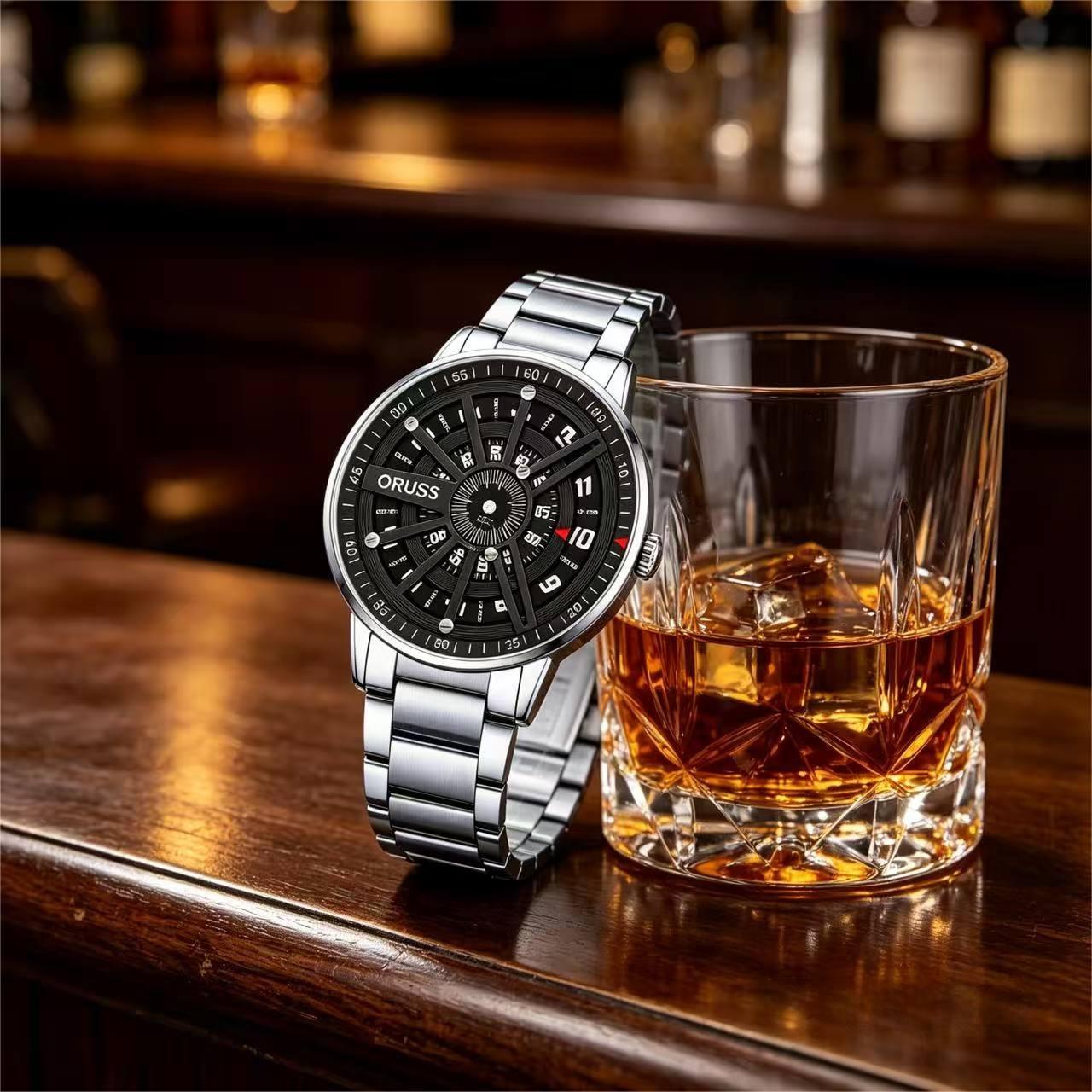 ORUSS 1853 Men's Watch Roulette Wheel Style Creative Unique Design Dial Waterproof Stainless Steel Bracelet Rotating Indicator Unisex Daily Wear Sports Fashion Holiday Gift
