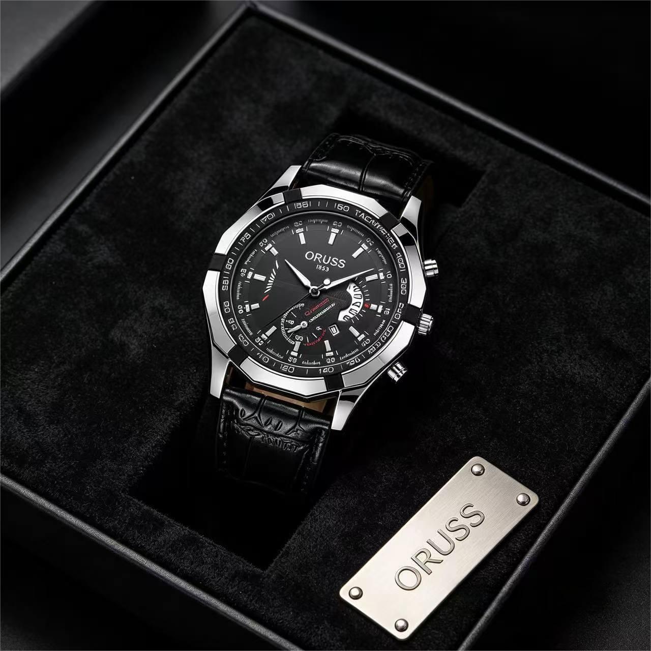 ORUSS 1853 Men's Watch Creative Chronograph Multi-Function Dial Unique Tachymeter Bezel Design Waterproof Leather Strap Unisex Daily Wear Sports Business Holiday Gift