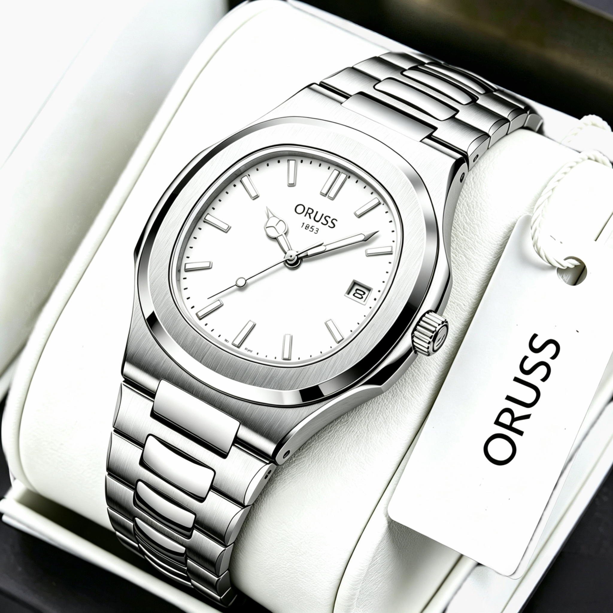 ORUSS 1853 Men's Watch Nautilus Style Quartz Watch Brushed Stainless Steel Bracelet Silver Green Horizontal Striped Dial Date Window For Casual Business Wear