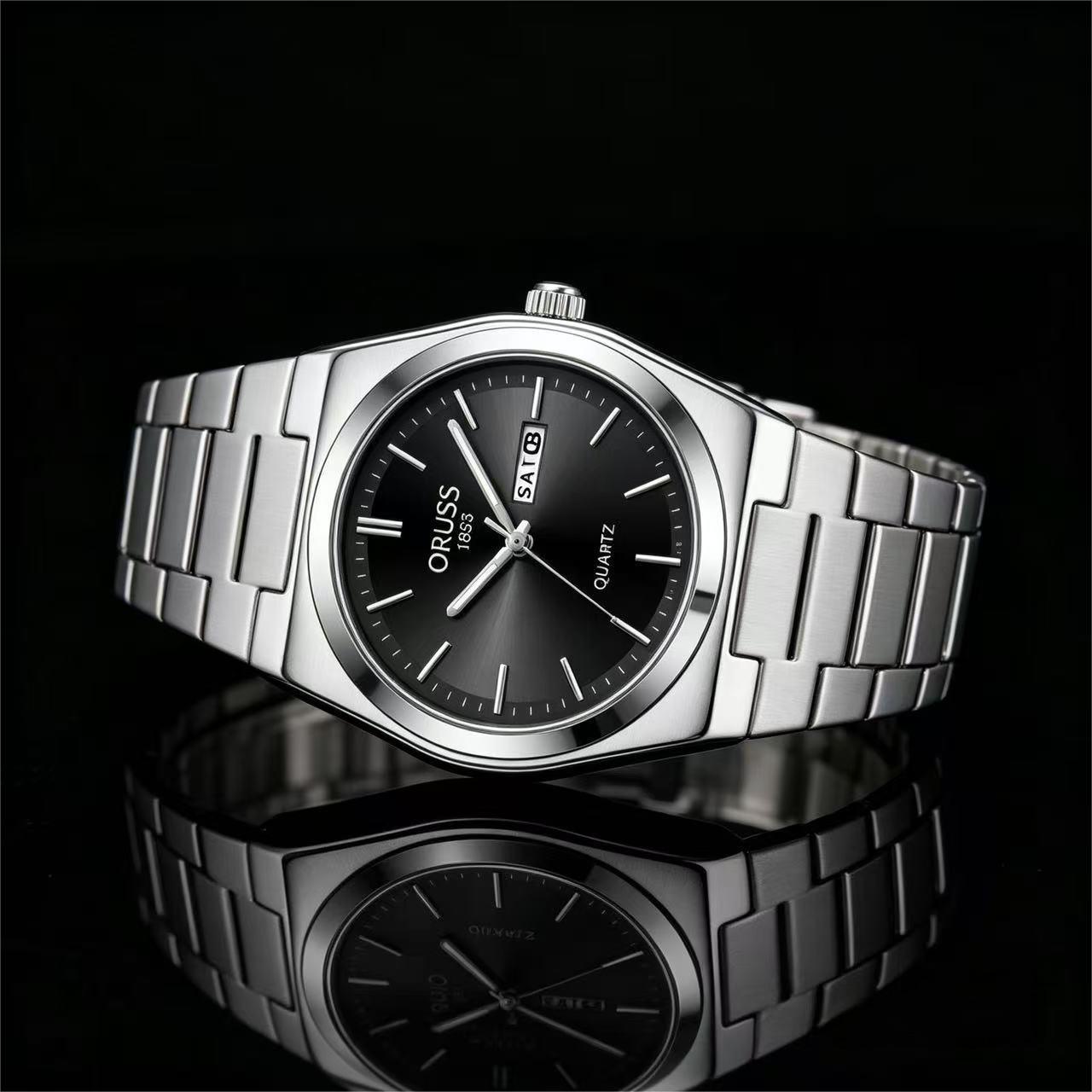 ORUSS 1853 Men's Watch Minimalist Tonneau Style Quartz Watch Brushed Stainless Steel Bracelet Black Blue Sunburst Dial Dual Calendar For Casual Business Wear