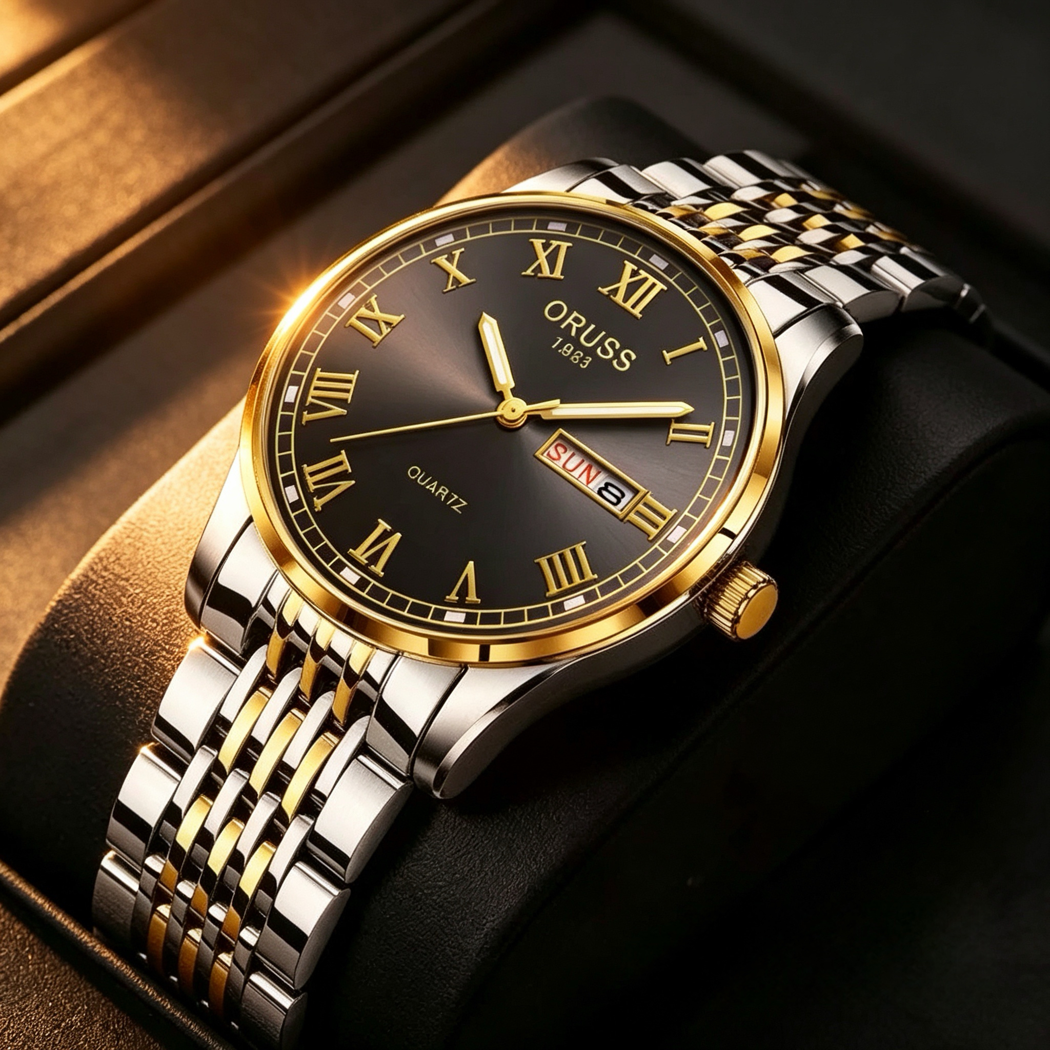 ORUSS 1853 Mens Classic Business Quartz Watch Two Tone Gold Silver Stainless Steel Bracelet Black Roman Numeral Dial Day Date 1853 Logo Formal Daily Wear Wedding Anniversary Birthday Gift