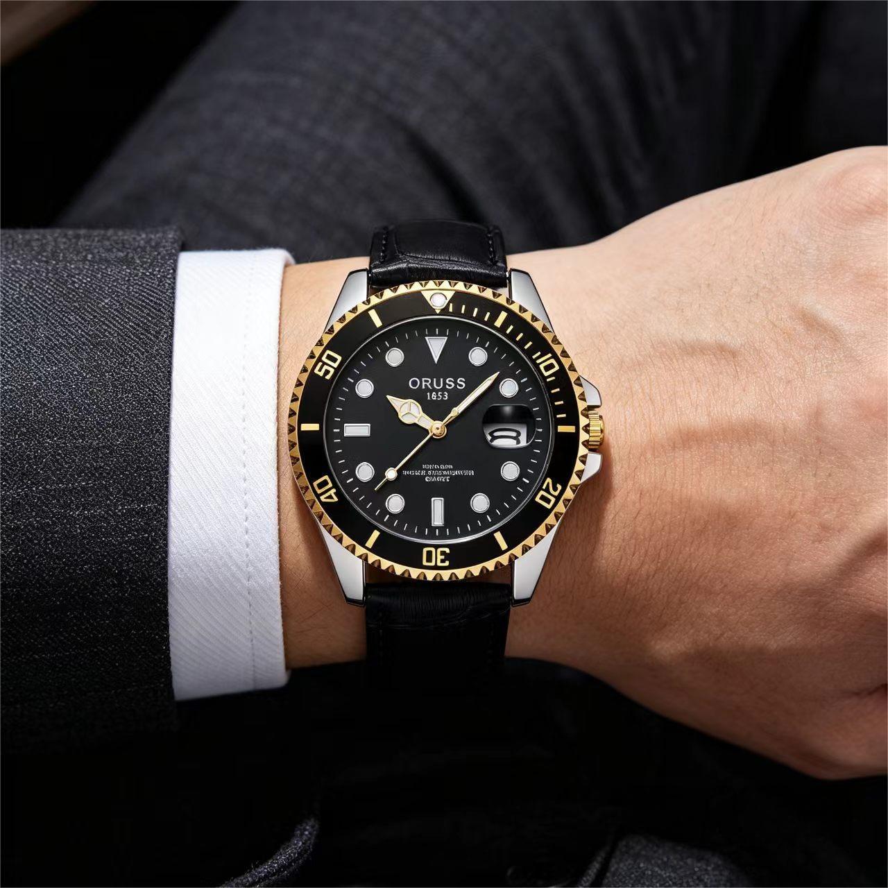 ORUSS Men's Business Sports Calendar Watch With Bamboo Pattern Strap Unique Digital Scale Casual Fashion Waterproof Leather Strap Wristwatch For Daily Wear