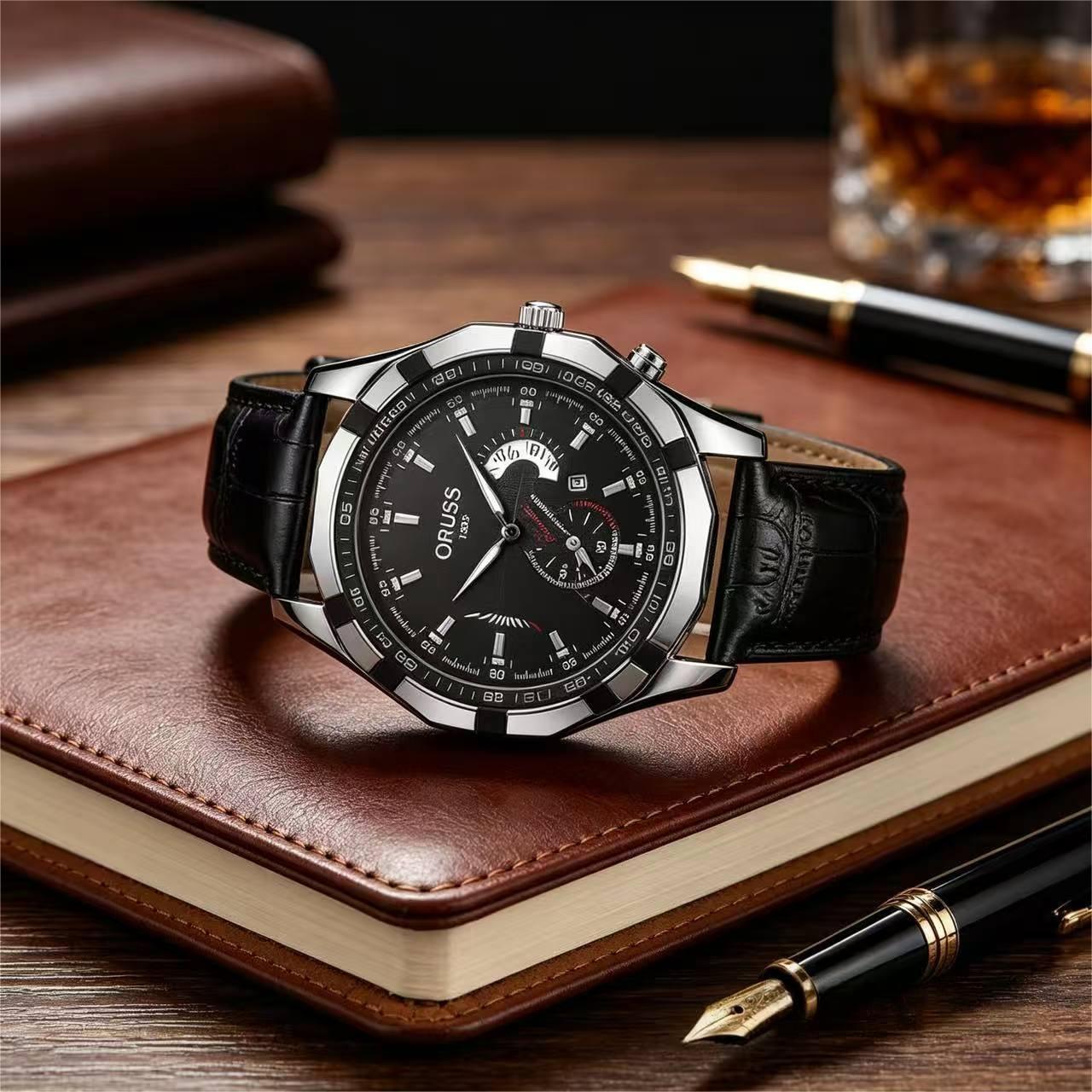 ORUSS 1853 Men's Watch Creative Chronograph Multi-Function Dial Unique Tachymeter Bezel Design Waterproof Leather Strap Unisex Daily Wear Sports Business Holiday Gift