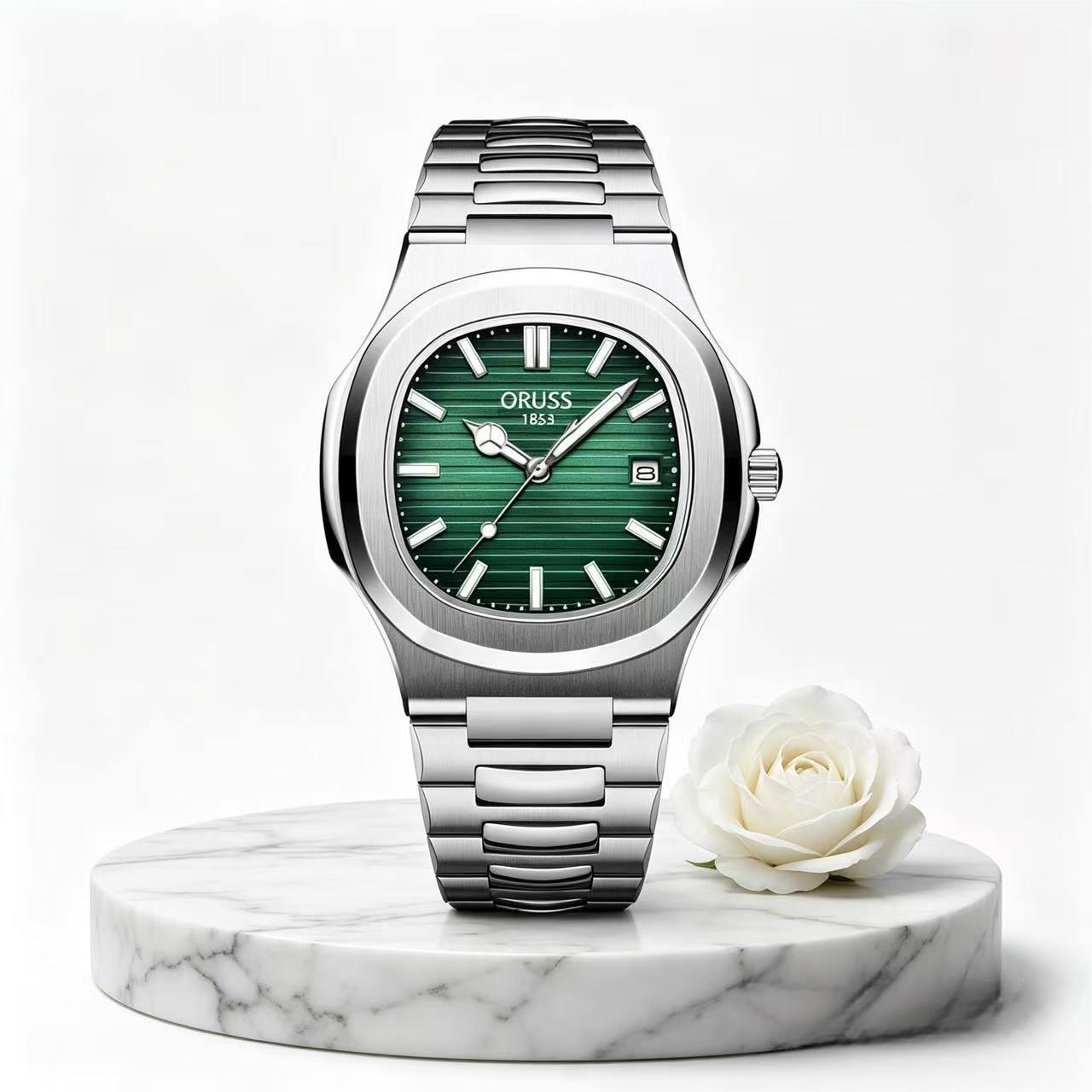 ORUSS 1853 Men's Watch Nautilus Style Quartz Watch Brushed Stainless Steel Bracelet Silver Green Horizontal Striped Dial Date Window For Casual Business Wear