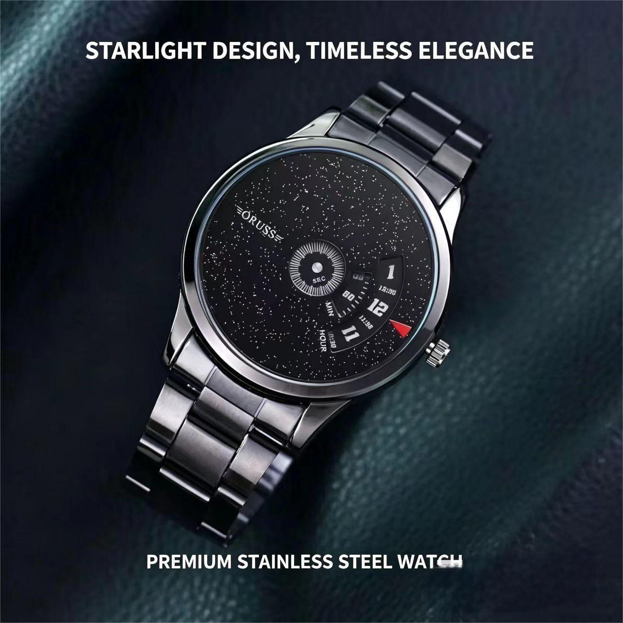 ORUSS 1853 Men's Watch Starry Sky Black Dial New Concept Cool Trendy Fashion Stylish Novelty Stainless Steel Waterproof Unique Rotating Display For Daily Wear Street Style Casual Hangouts