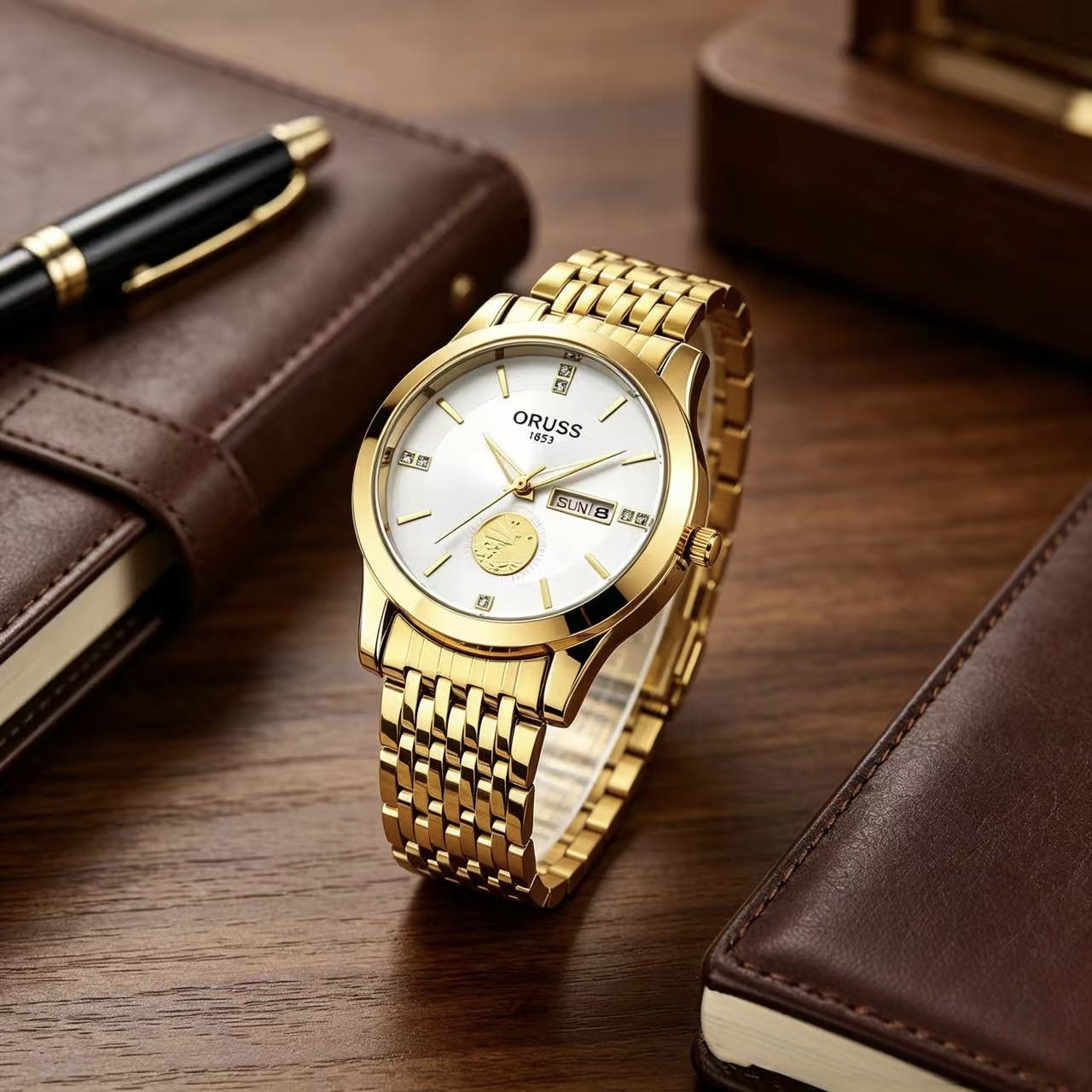 ORUSS 1853 Men's Watch Luxury Gold Plated Quartz Watch Stainless Steel Bracelet White Black Dial Diamond Accent Sailboat Motif Day Date Formal Daily Wear Office Anniversary Birthday Gift