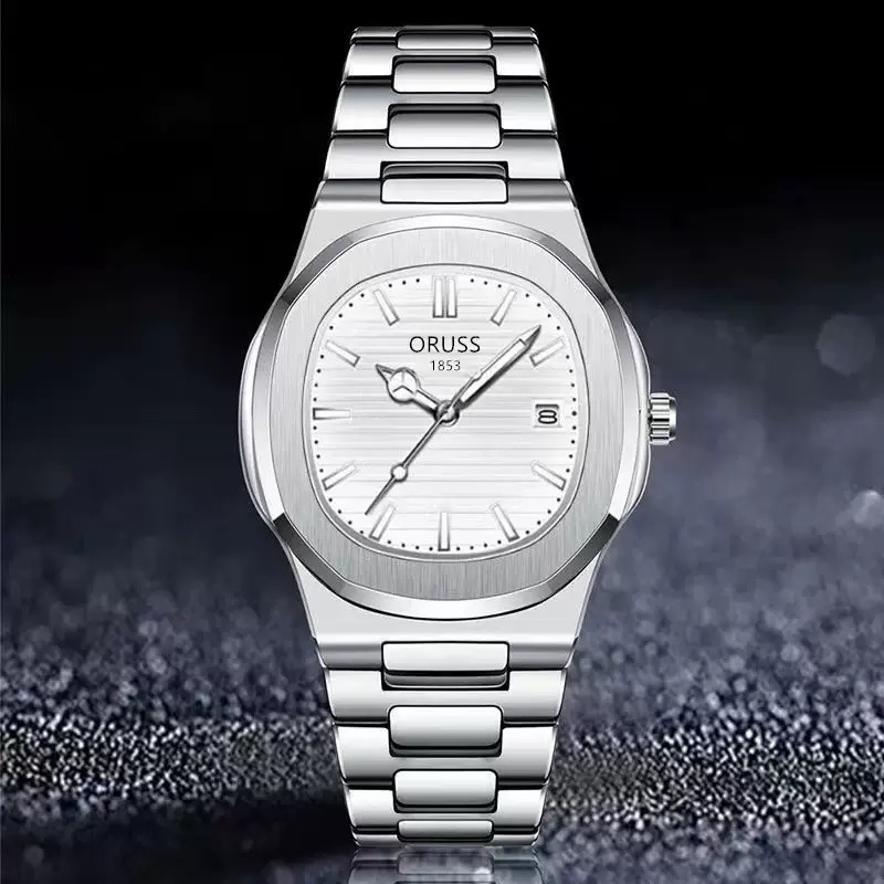 ORUSS 1853 Men's Watch Nautilus Style Quartz Watch Brushed Stainless Steel Bracelet Silver Green Horizontal Striped Dial Date Window For Casual Business Wear