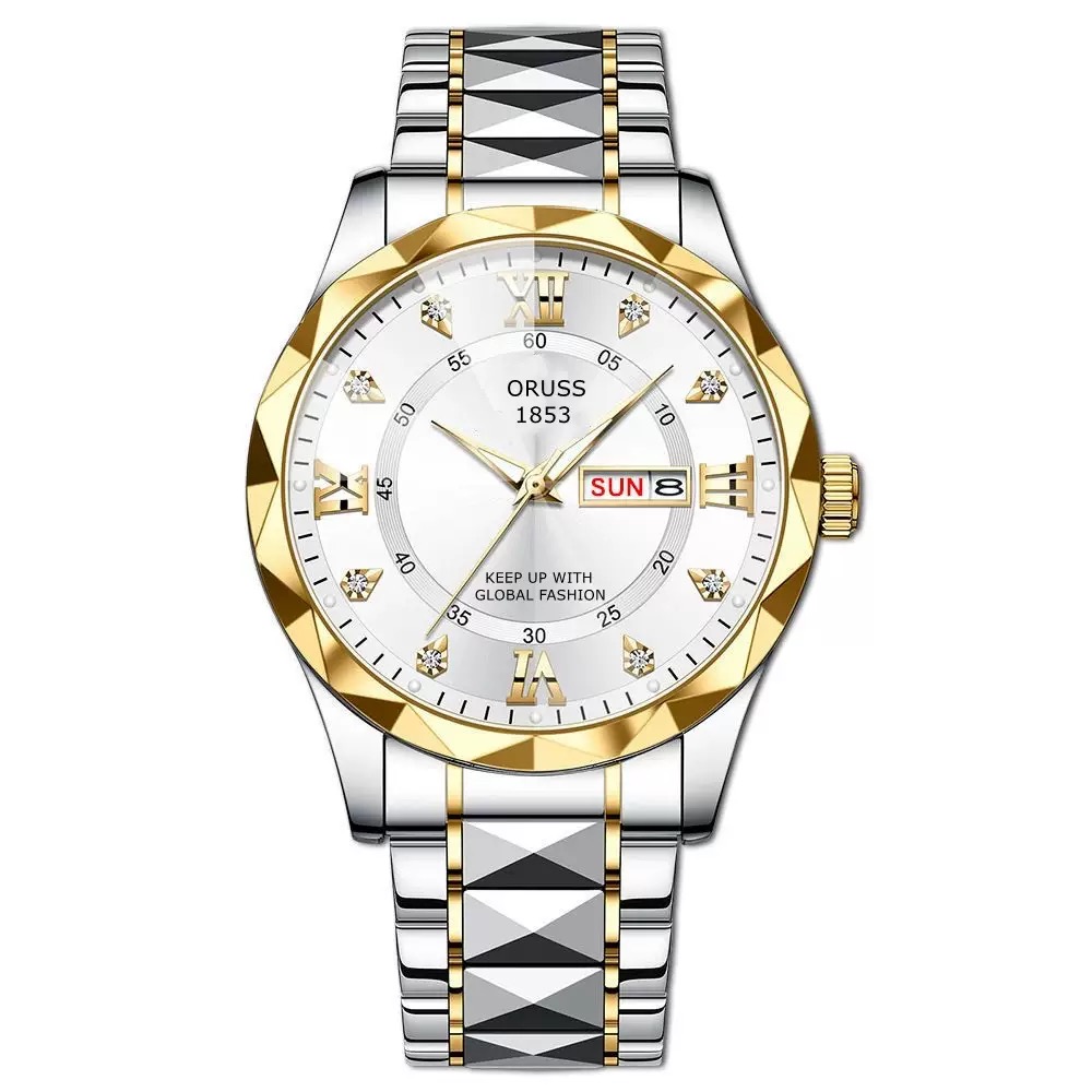 ORUSS 1853 Men's Watch Faceted Crystal Glass Quartz Two Tone Stainless Steel Bracelet Blue White Dial Diamond Roman Numerals Dual Calendar For Business Daily Wear Special Occasions