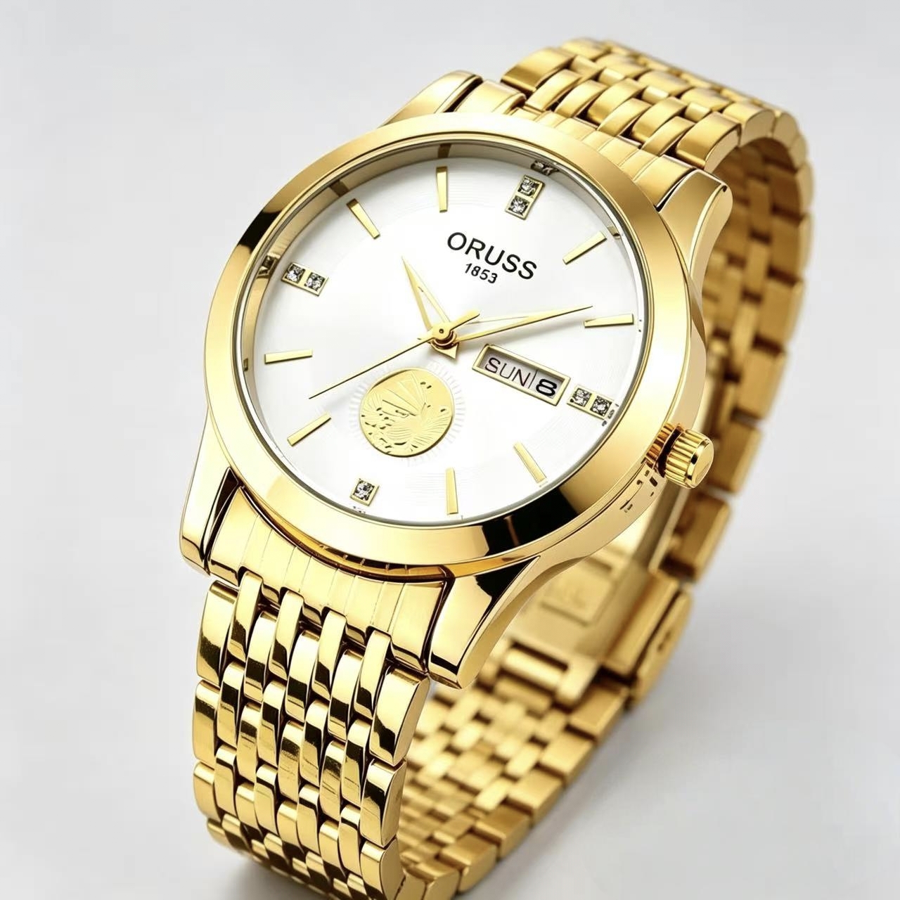 ORUSS 1853 Men's Watch Luxury Gold Plated Quartz Watch Stainless Steel Bracelet White Black Dial Diamond Accent Sailboat Motif Day Date Formal Daily Wear Office Anniversary Birthday Gift