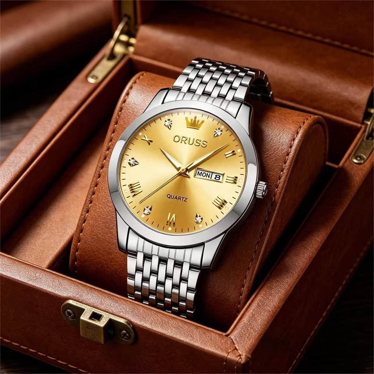 ORUSS Men's Watch Luxury Quartz Watch Silver Stainless Steel Bracelet Gold Dial Crystal Accent Crown Logo Day Date Casual Formal Daily Wear Office Wedding Anniversary Birthday Gift
