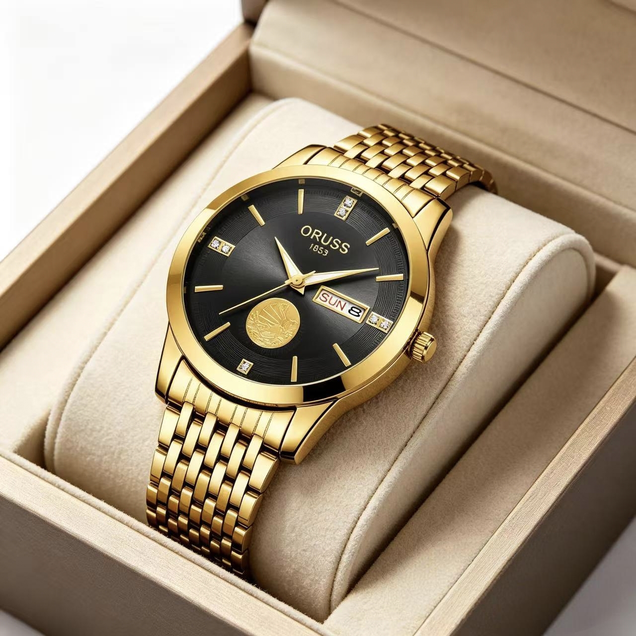 ORUSS 1853 Men's Watch Luxury Gold Plated Quartz Watch Stainless Steel Bracelet White Black Dial Diamond Accent Sailboat Motif Day Date Formal Daily Wear Office Anniversary Birthday Gift