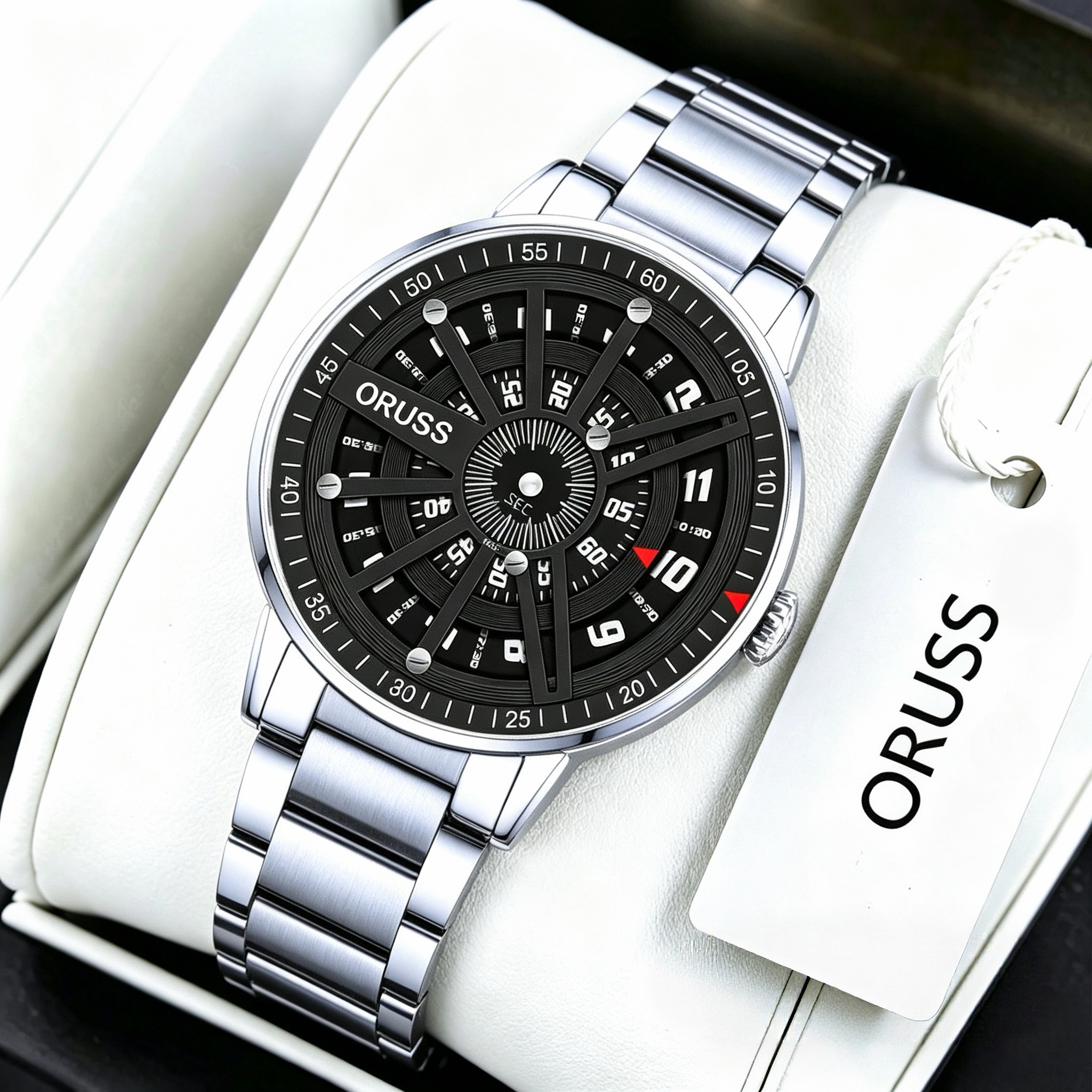 ORUSS 1853 Men's Watch Roulette Wheel Style Creative Unique Design Dial Waterproof Stainless Steel Bracelet Rotating Indicator Unisex Daily Wear Sports Fashion Holiday Gift