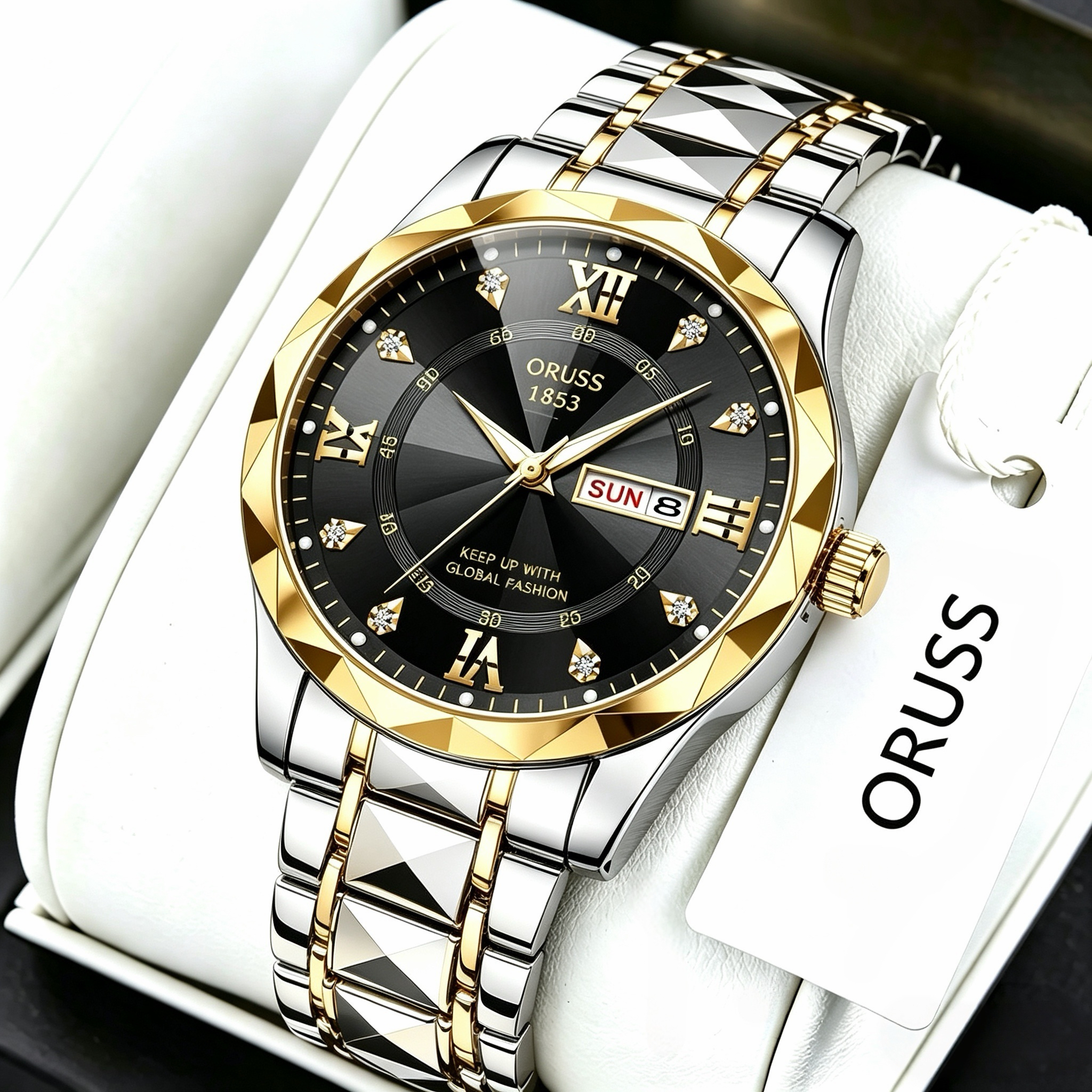 ORUSS 1853 Men's Watch Luxury Rhombus Pointed Crystal Glass Quartz Watch Stainless Steel Bracelet Black Dial Diamond Roman Numeral Day Date For Formal Daily Wear Office Anniversary Birthday