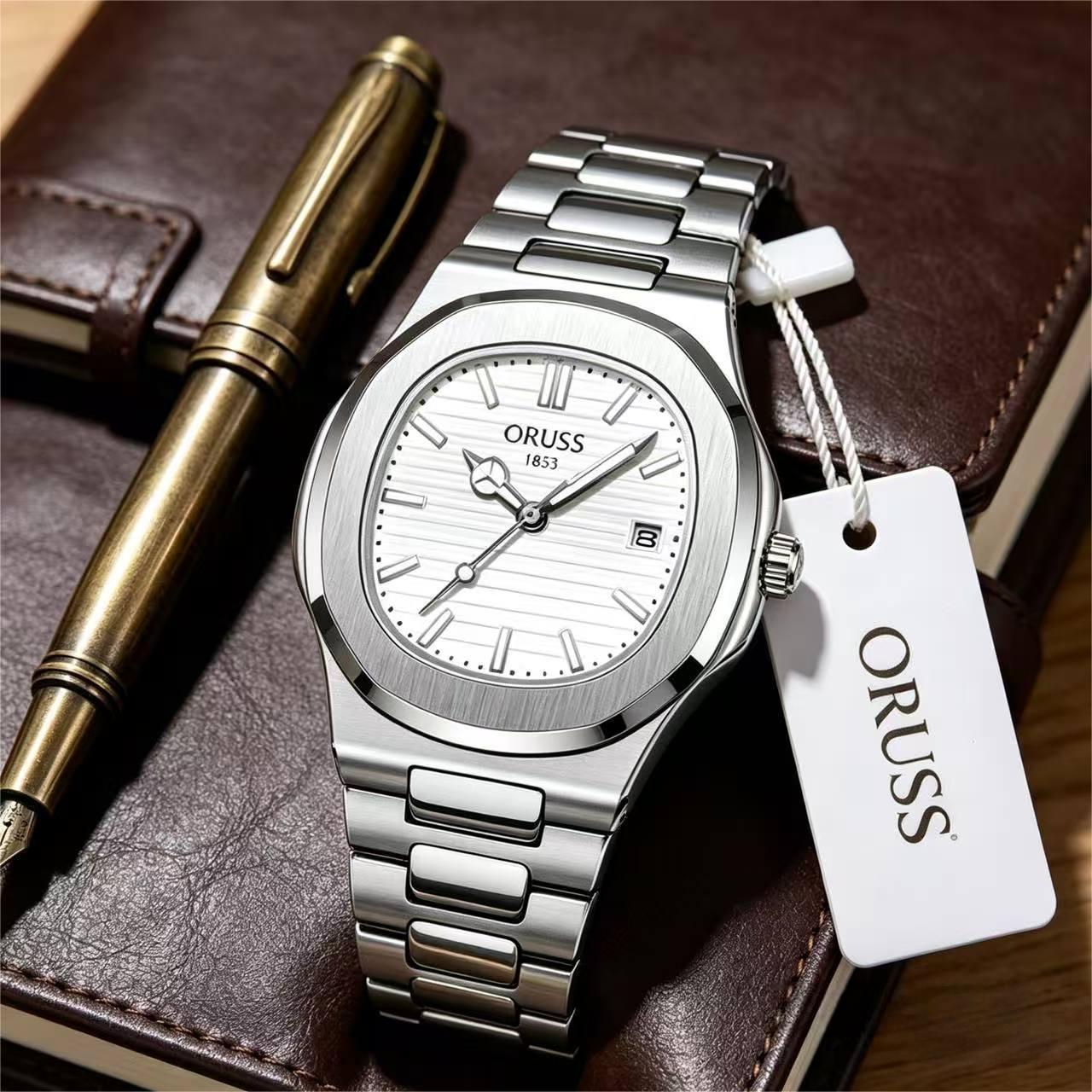 ORUSS 1853 Men's Watch Nautilus Style Quartz Watch Brushed Stainless Steel Bracelet Silver Green Horizontal Striped Dial Date Window For Casual Business Wear
