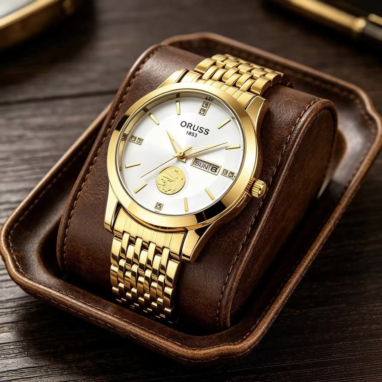 ORUSS 1853 Men's Watch Luxury Gold Plated Quartz Watch Stainless Steel Bracelet White Black Dial Diamond Accent Sailboat Motif Day Date Formal Daily Wear Office Anniversary Birthday Gift
