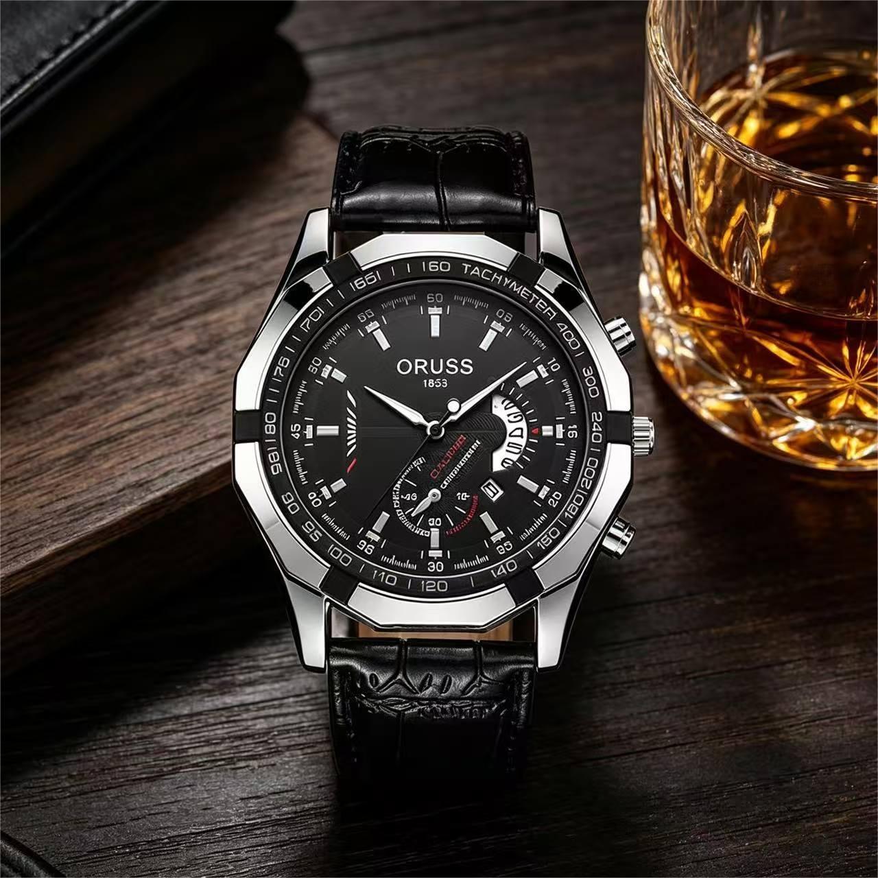 ORUSS 1853 Men's Watch Creative Chronograph Multi-Function Dial Unique Tachymeter Bezel Design Waterproof Leather Strap Unisex Daily Wear Sports Business Holiday Gift