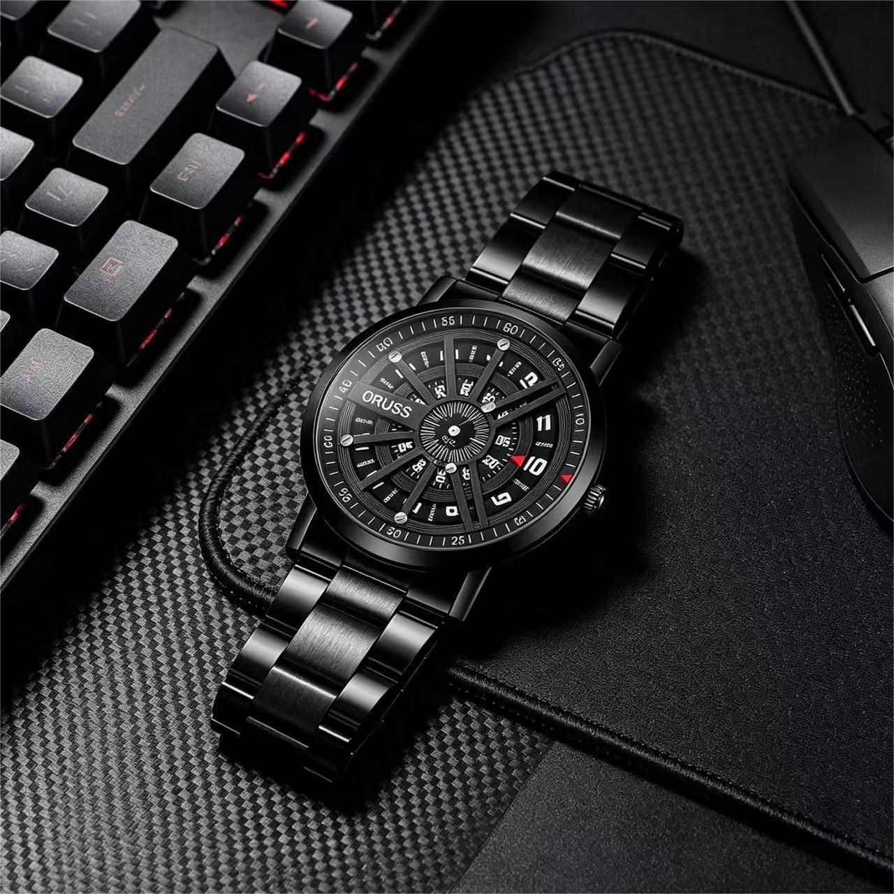 ORUSS 1853 Men's Watch Roulette Wheel Style Creative Unique Design Dial Waterproof Stainless Steel Bracelet Rotating Indicator Unisex Daily Wear Sports Fashion Holiday Gift