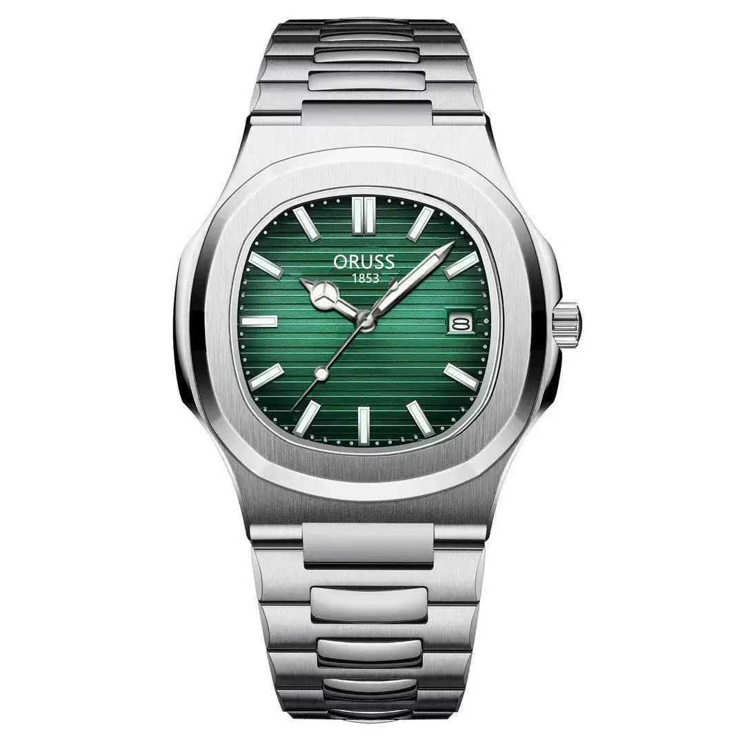 ORUSS 1853 Men's Watch Nautilus Style Quartz Watch Brushed Stainless Steel Bracelet Silver Green Horizontal Striped Dial Date Window For Casual Business Wear