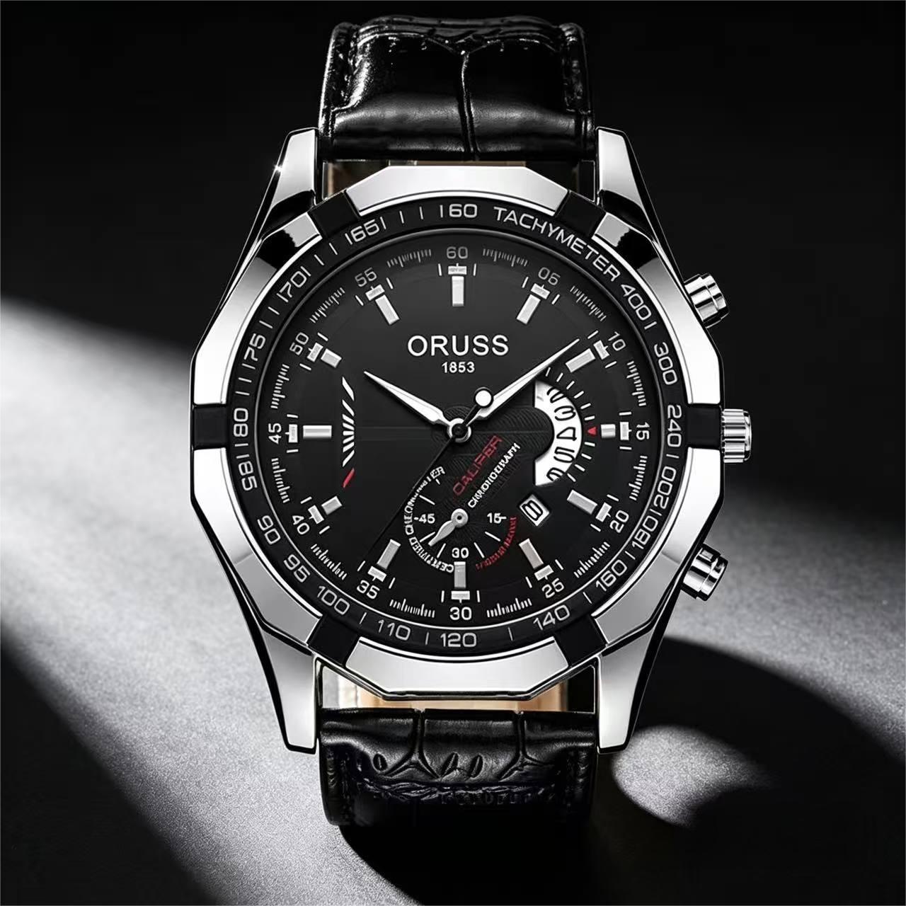 ORUSS 1853 Men's Watch Creative Chronograph Multi-Function Dial Unique Tachymeter Bezel Design Waterproof Leather Strap Unisex Daily Wear Sports Business Holiday Gift