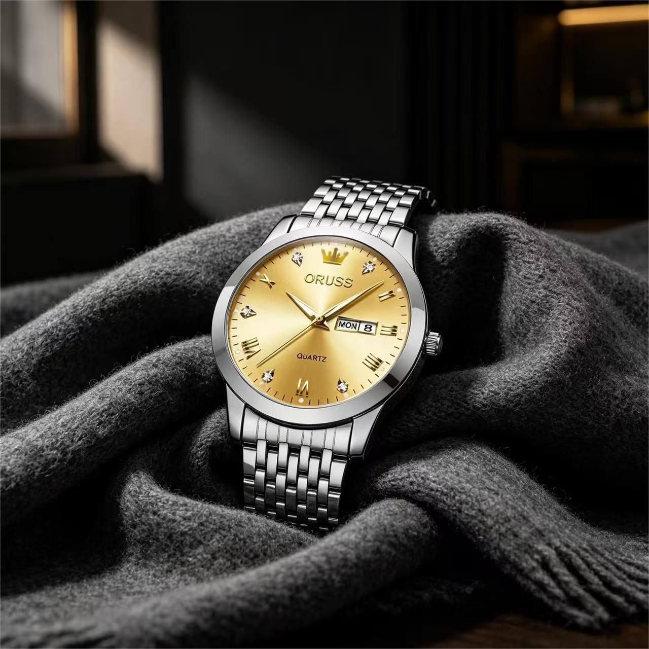 ORUSS Men's Watch Luxury Quartz Watch Silver Stainless Steel Bracelet Gold Dial Crystal Accent Crown Logo Day Date Casual Formal Daily Wear Office Wedding Anniversary Birthday Gift