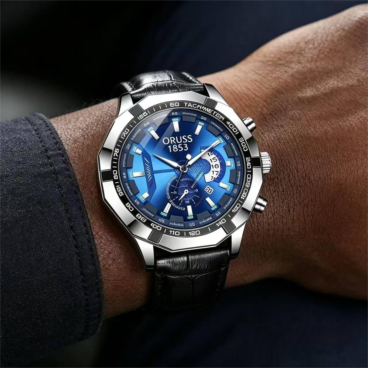 ORUSS 1853 Men's Watch Creative Chronograph Multi-Function Dial Unique Tachymeter Bezel Design Waterproof Leather Strap Unisex Daily Wear Sports Business Holiday Gift