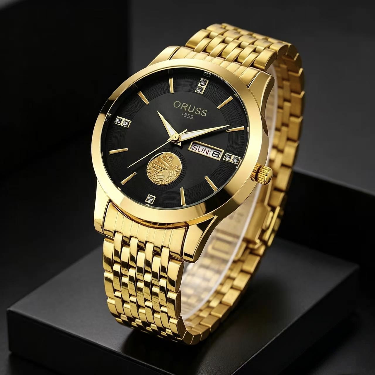 ORUSS 1853 Men's Watch Luxury Gold Plated Quartz Watch Stainless Steel Bracelet White Black Dial Diamond Accent Sailboat Motif Day Date Formal Daily Wear Office Anniversary Birthday Gift