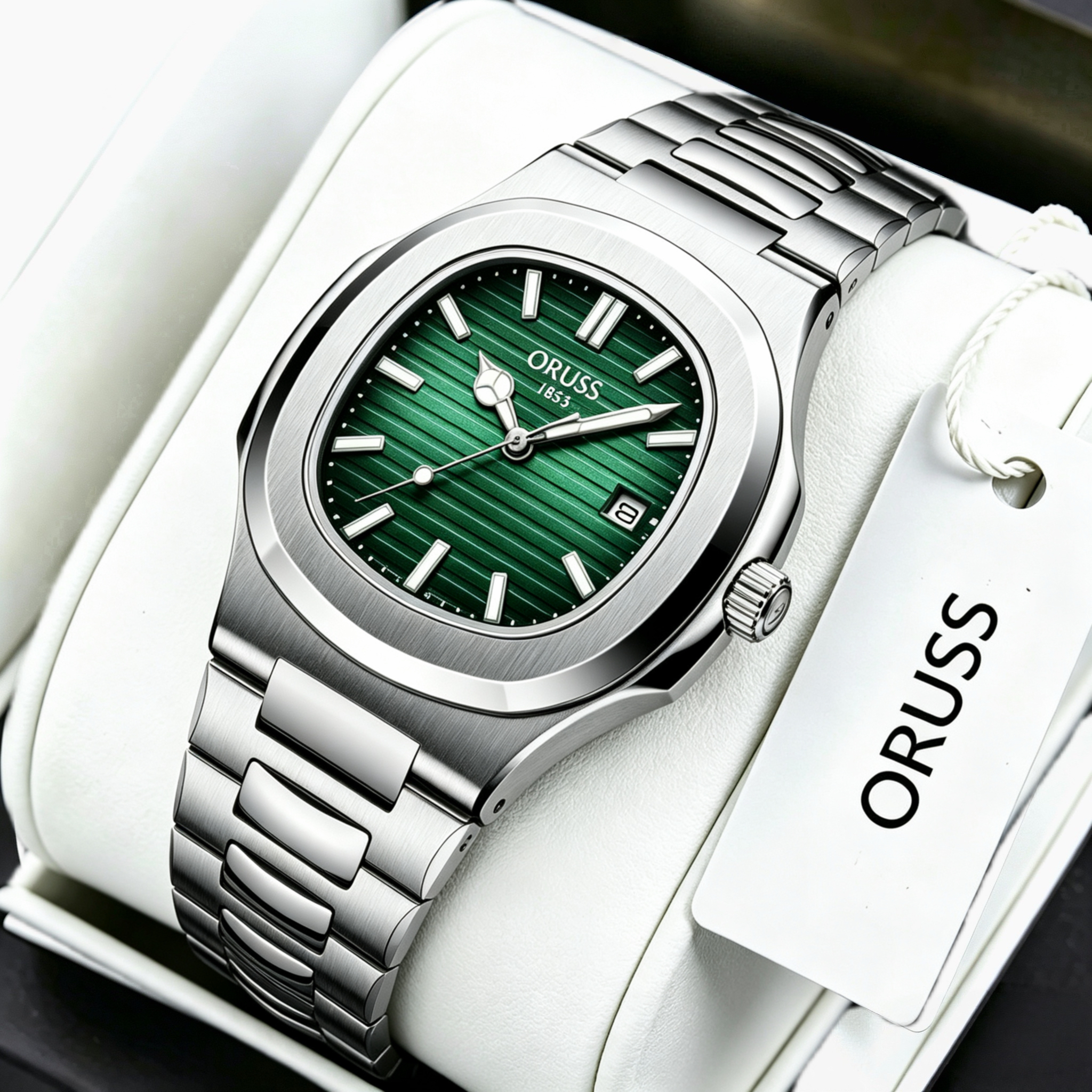 ORUSS 1853 Men's Watch Nautilus Style Quartz Watch Brushed Stainless Steel Bracelet Silver Green Horizontal Striped Dial Date Window For Casual Business Wear