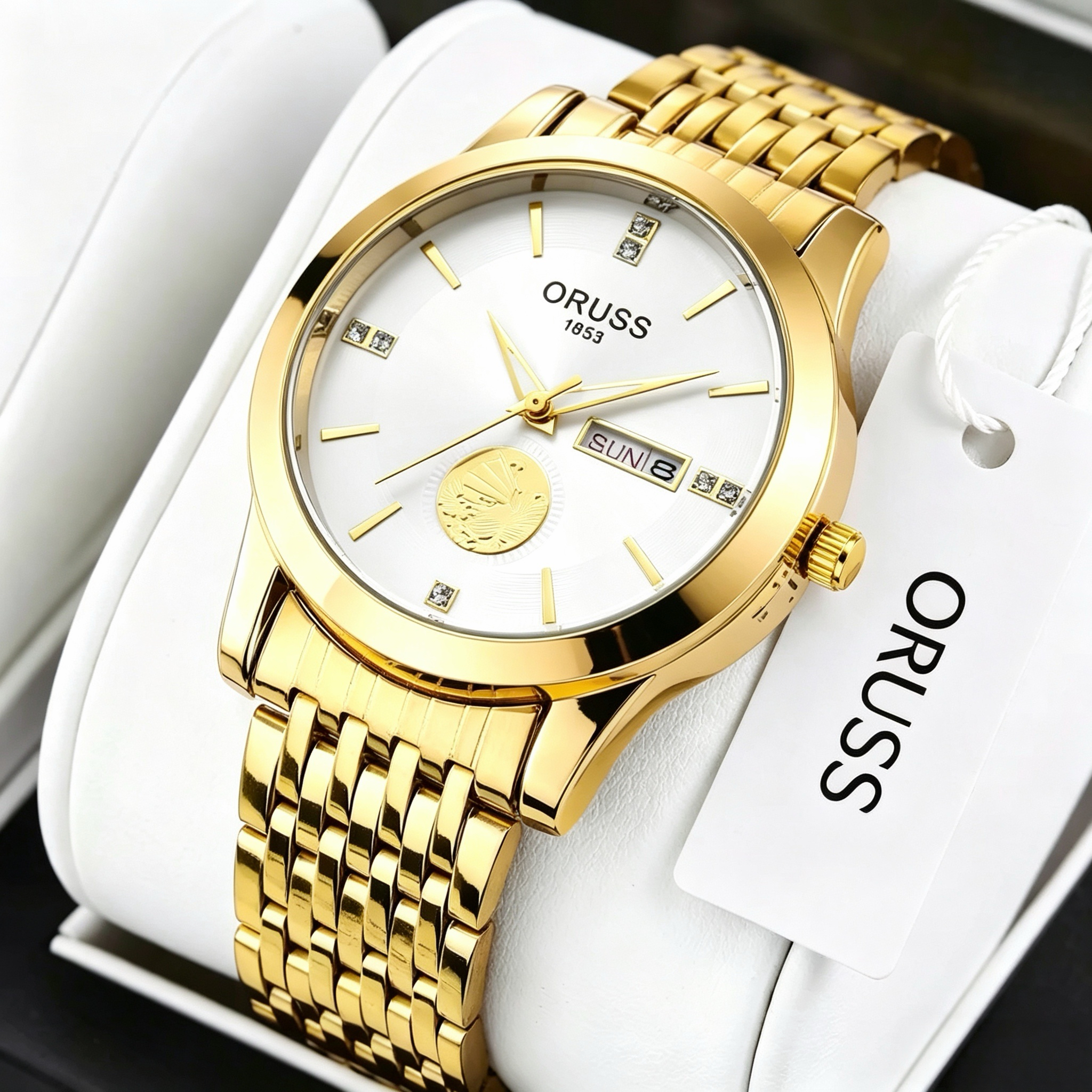 ORUSS 1853 Men's Watch Luxury Gold Plated Quartz Watch Stainless Steel Bracelet White Black Dial Diamond Accent Sailboat Motif Day Date Formal Daily Wear Office Anniversary Birthday Gift