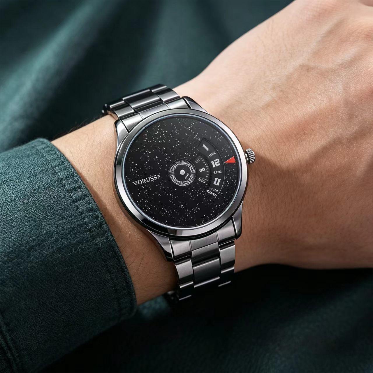 ORUSS 1853 Men's Watch Starry Sky Black Dial New Concept Cool Trendy Fashion Stylish Novelty Stainless Steel Waterproof Unique Rotating Display For Daily Wear Street Style Casual Hangouts