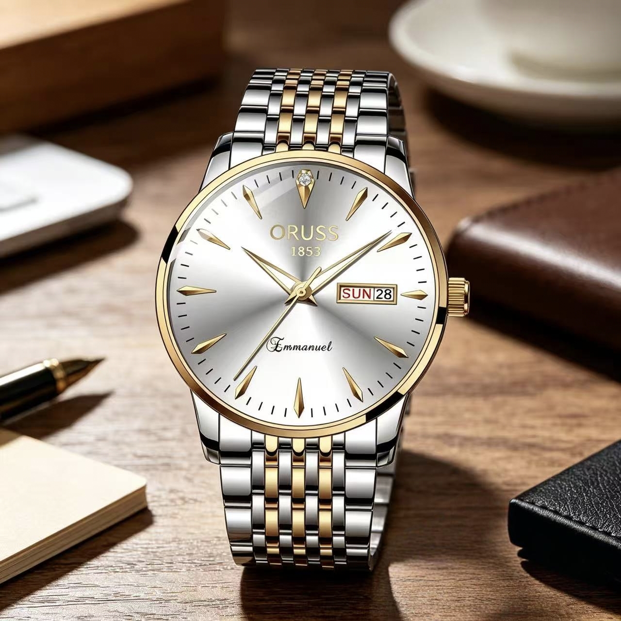 ORUSS 1853 Men's Watch Classic Business Quartz Two Tone Gold Silver Stainless Steel Bracelet White Dial Day Date Diamond Accent Formal Daily Wear Office Anniversary Birthday Gift