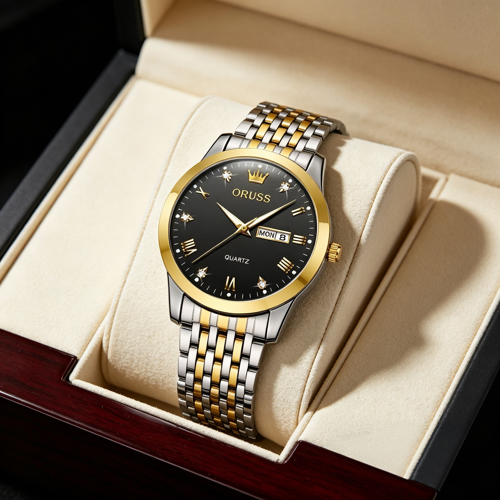 ORUSS Men's Watch Elegant Business Quartz Stainless Steel Bracelet Two Tone Silver Gold Black Dial Roman Numerals Crystal Day Date Crown Logo Formal Daily Wear Wedding Anniversary Birthday Gift