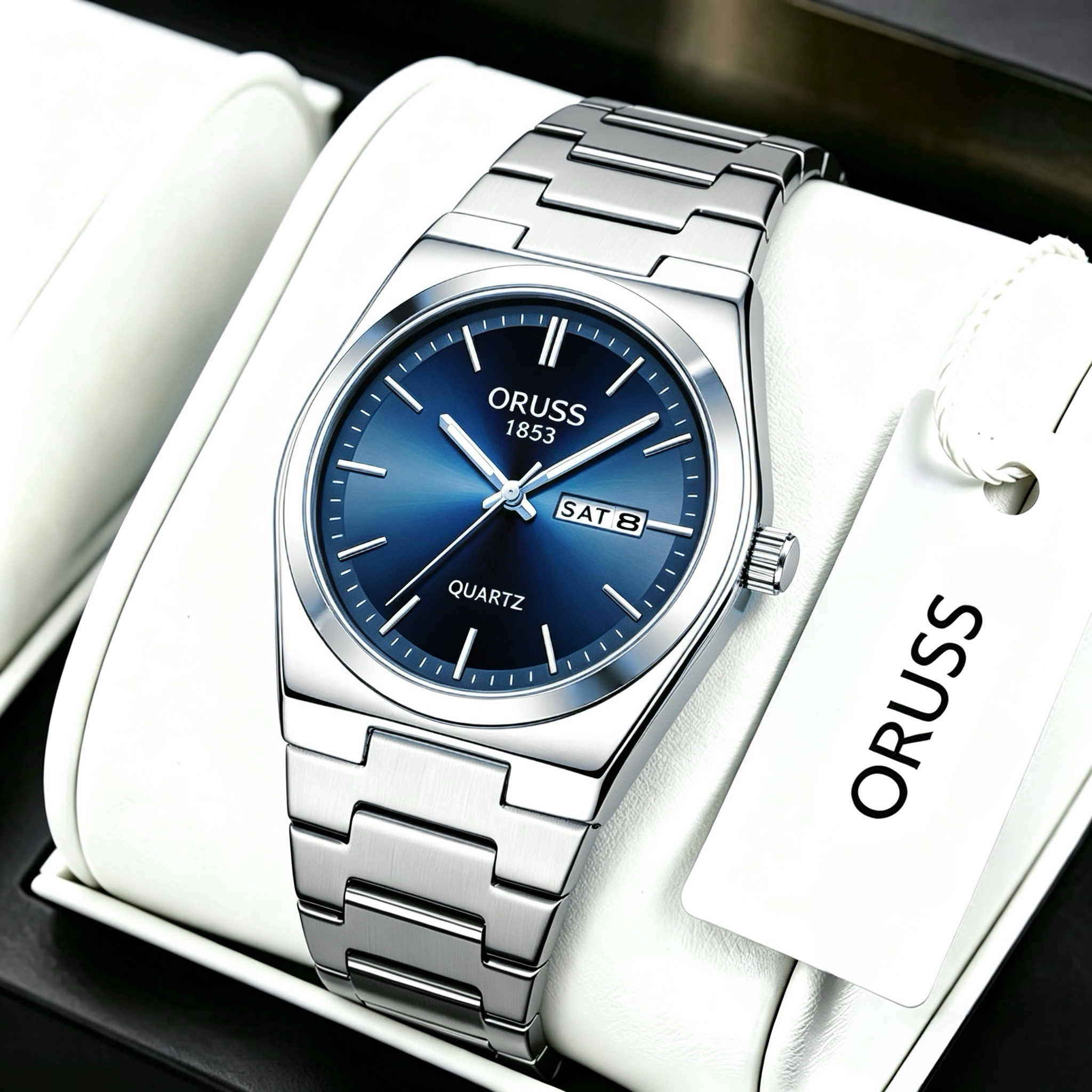 ORUSS 1853 Men's Watch Minimalist Tonneau Style Quartz Watch Brushed Stainless Steel Bracelet Black Blue Sunburst Dial Dual Calendar For Casual Business Wear