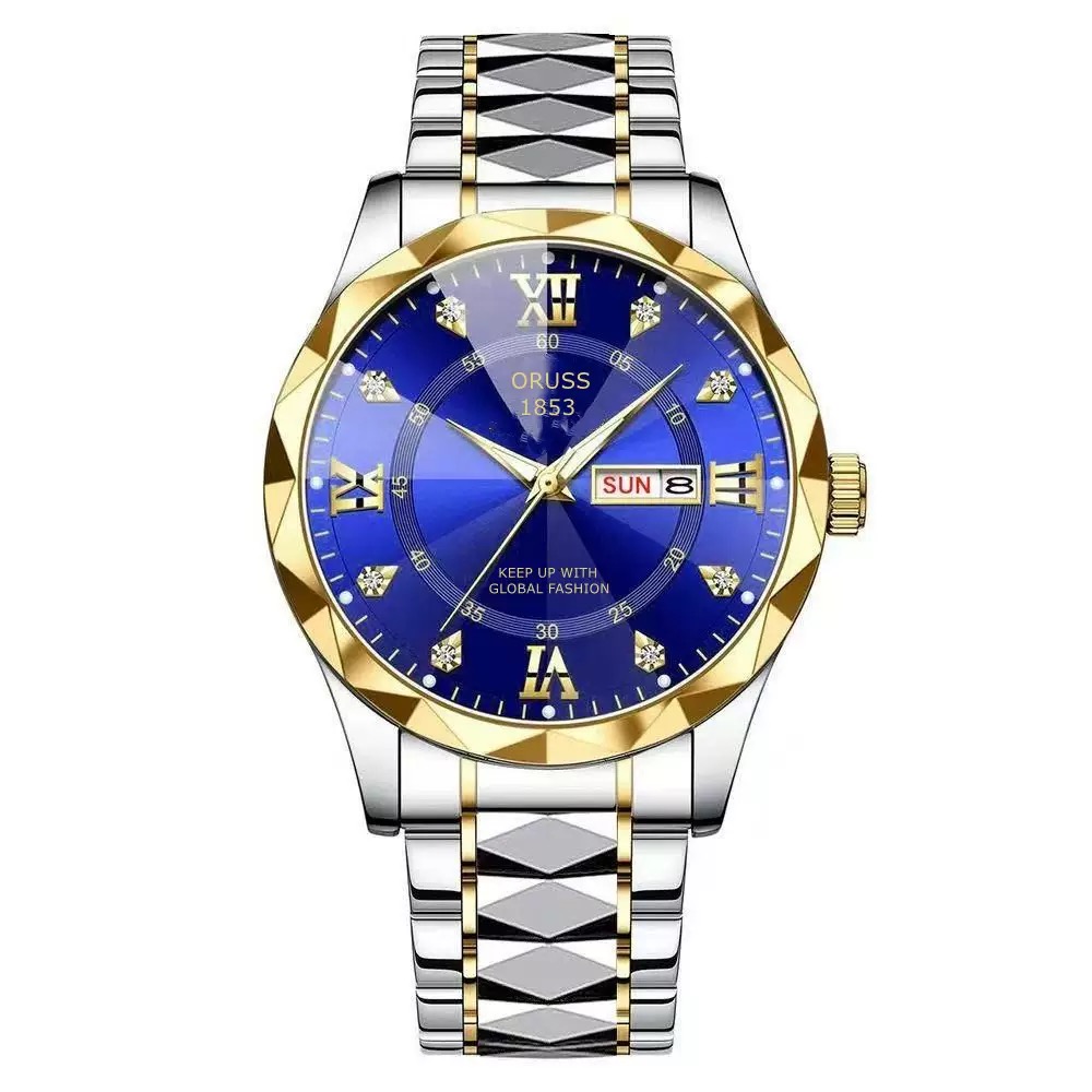 ORUSS 1853 Men's Watch Faceted Crystal Glass Quartz Two Tone Stainless Steel Bracelet Blue White Dial Diamond Roman Numerals Dual Calendar For Business Daily Wear Special Occasions