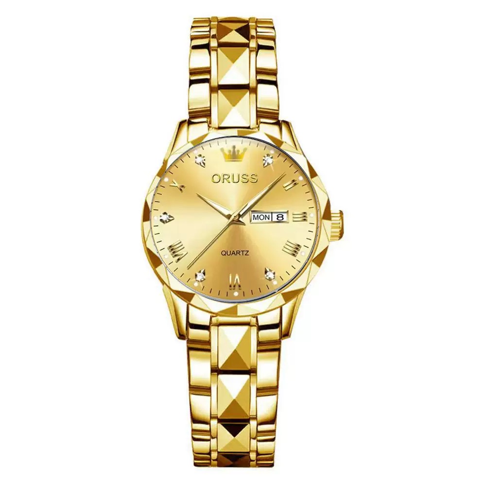 ORUSS Women's Watch Creative Diamond Inlaid Dial Unique Pyramid Cut Gold Plated Bracelet Waterproof Dual Calendar Quartz Watch Unisex Daily Wear Business Holiday Gift