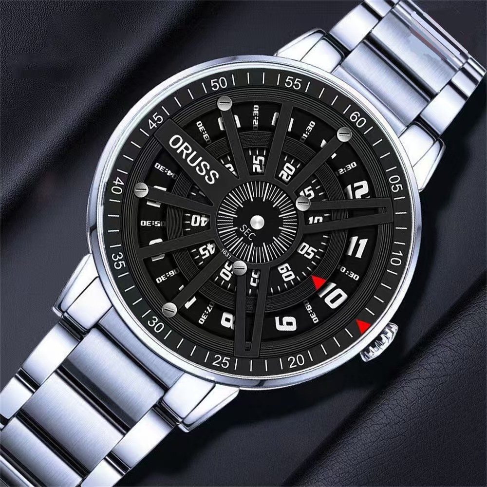 ORUSS 1853 Men's Watch Roulette Wheel Style Creative Unique Design Dial Waterproof Stainless Steel Bracelet Rotating Indicator Unisex Daily Wear Sports Fashion Holiday Gift