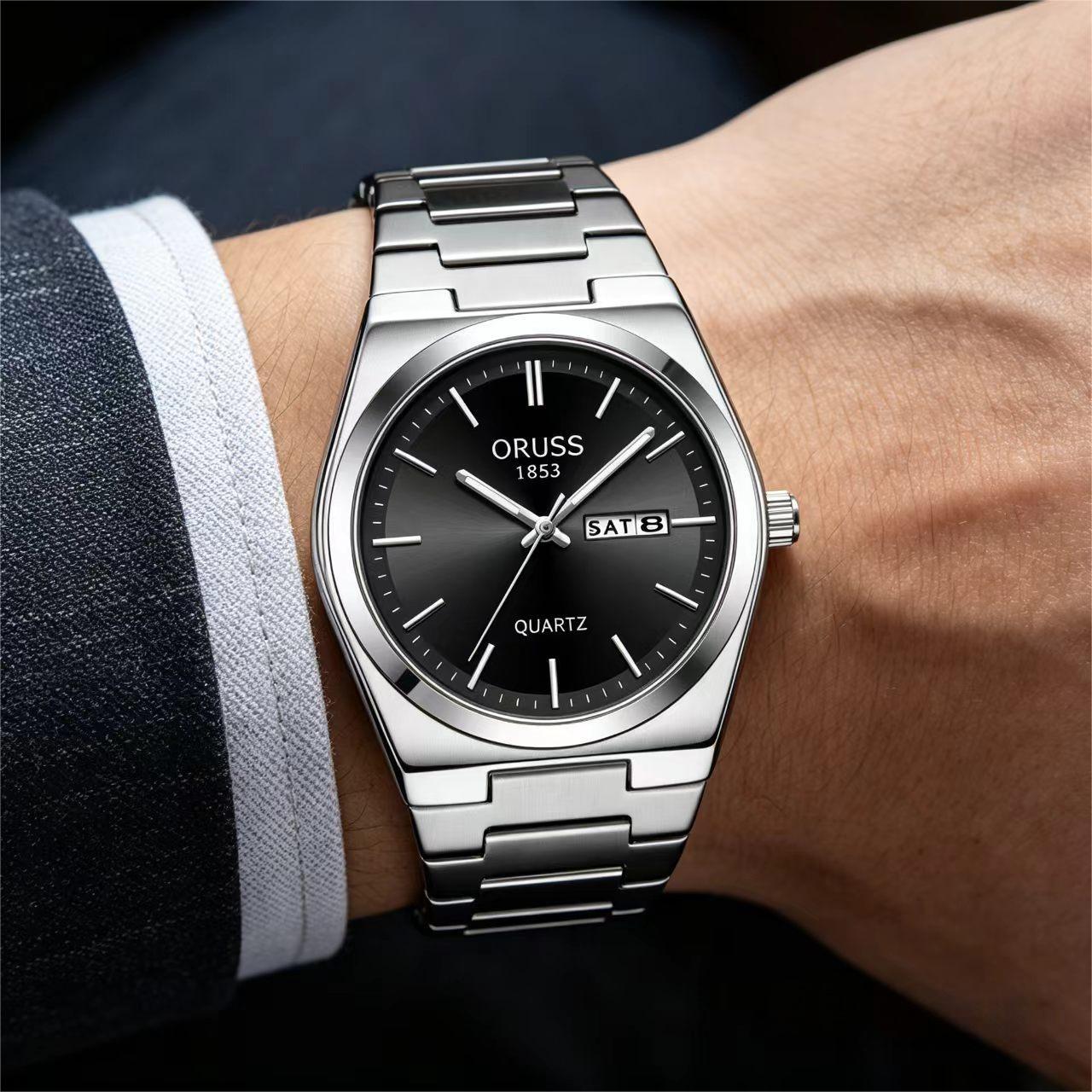 ORUSS 1853 Men's Watch Minimalist Tonneau Style Quartz Watch Brushed Stainless Steel Bracelet Black Blue Sunburst Dial Dual Calendar For Casual Business Wear