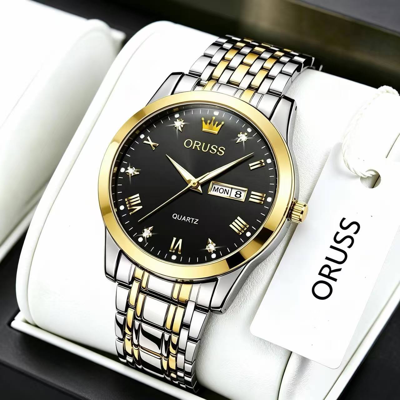 ORUSS Men's Watch Elegant Business Quartz Stainless Steel Bracelet Two Tone Silver Gold Black Dial Roman Numerals Crystal Day Date Crown Logo Formal Daily Wear Wedding Anniversary Birthday Gift