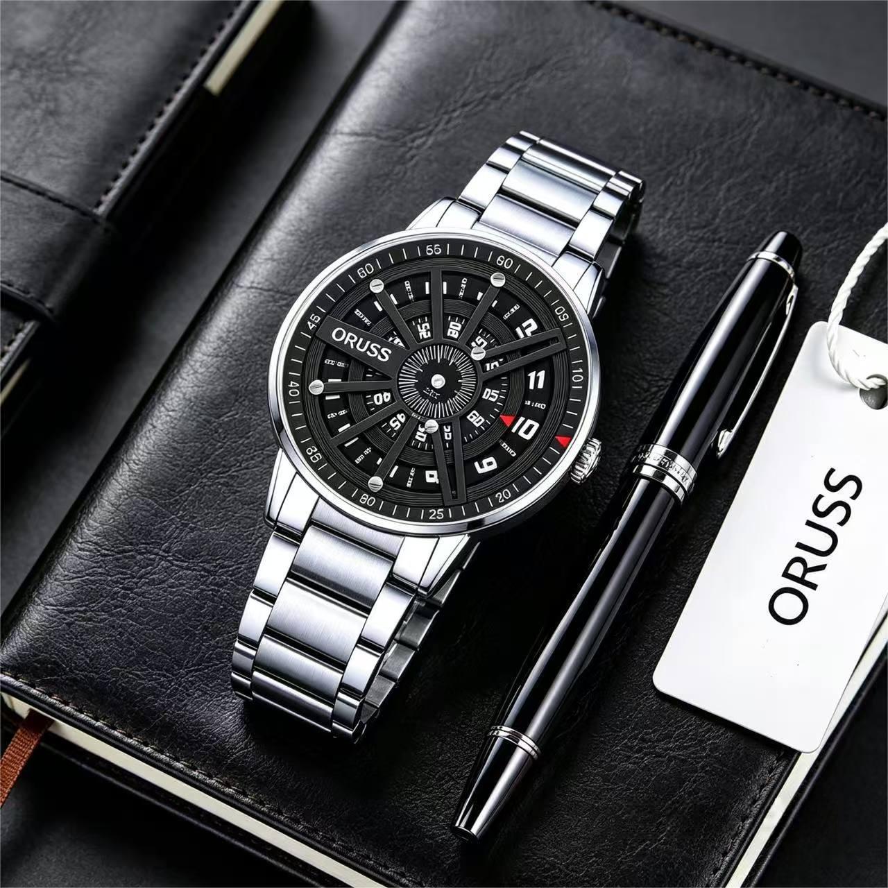 ORUSS 1853 Men's Watch Roulette Wheel Style Creative Unique Design Dial Waterproof Stainless Steel Bracelet Rotating Indicator Unisex Daily Wear Sports Fashion Holiday Gift